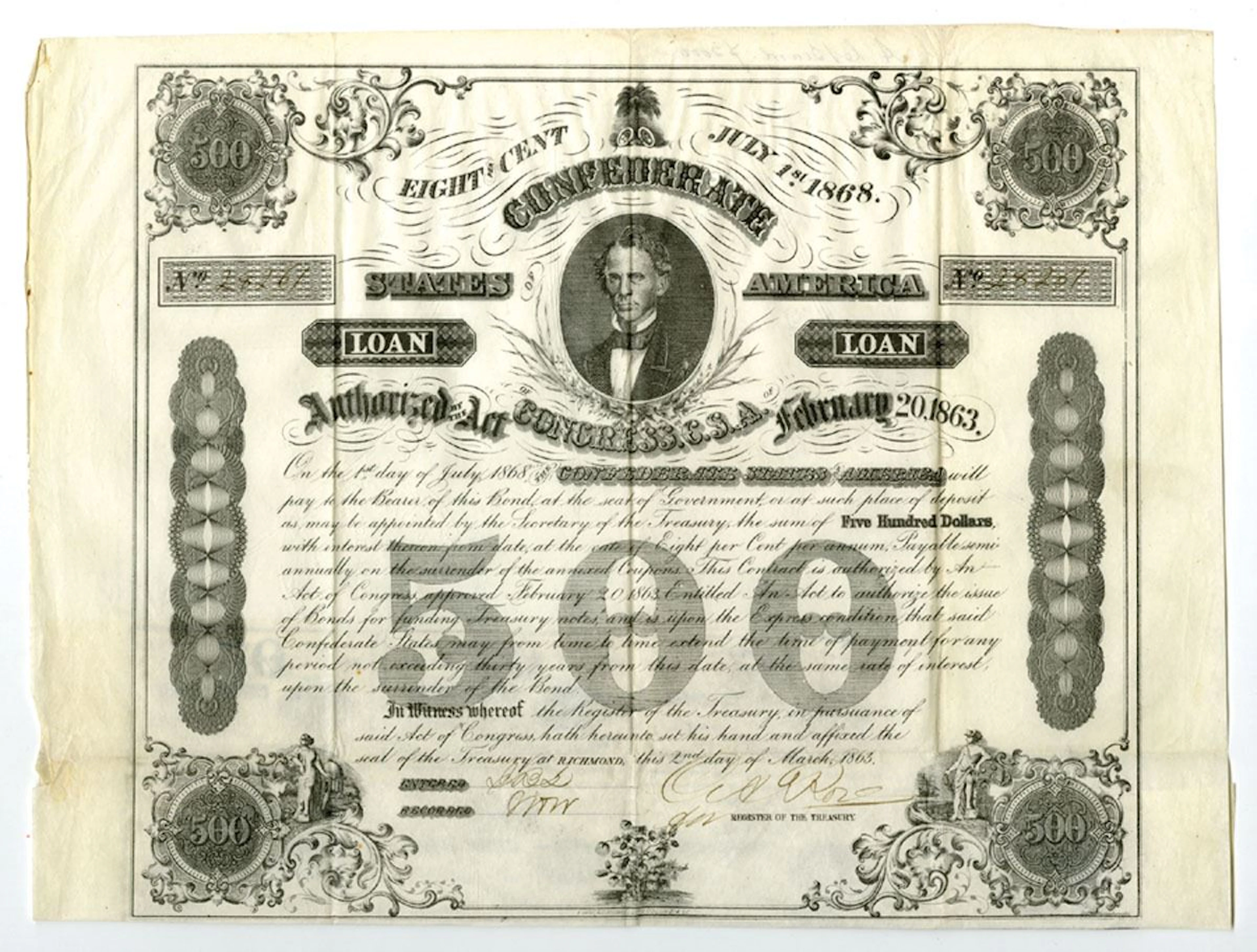 VA. C.S.A., March 2, 1863, Ball #165, Cr-123, $500, I/U Bond.