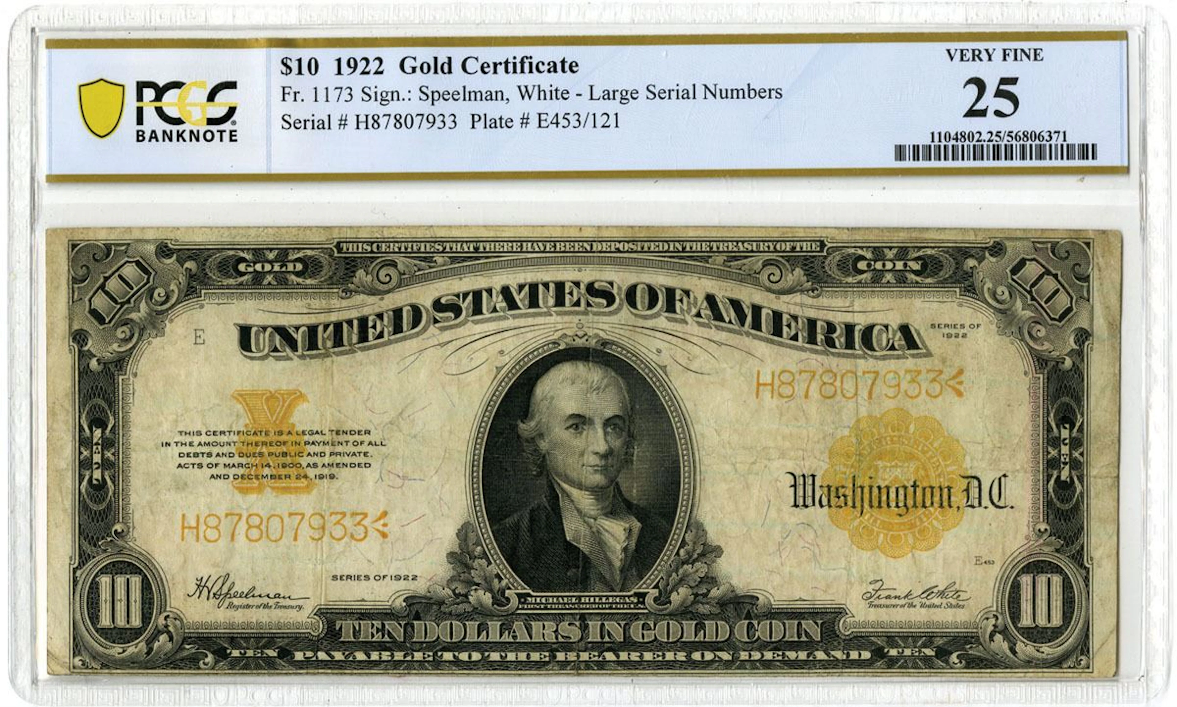 U.S. Gold Certificate. 1922 $10, Fr.# 1173, Issued Banknote, PCGS Very Fine 25