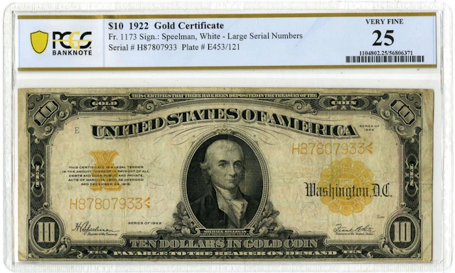 U.S. Gold Certificate. 1922 $10, Fr.# 1173, Issued Banknote, PCGS Very Fine 25