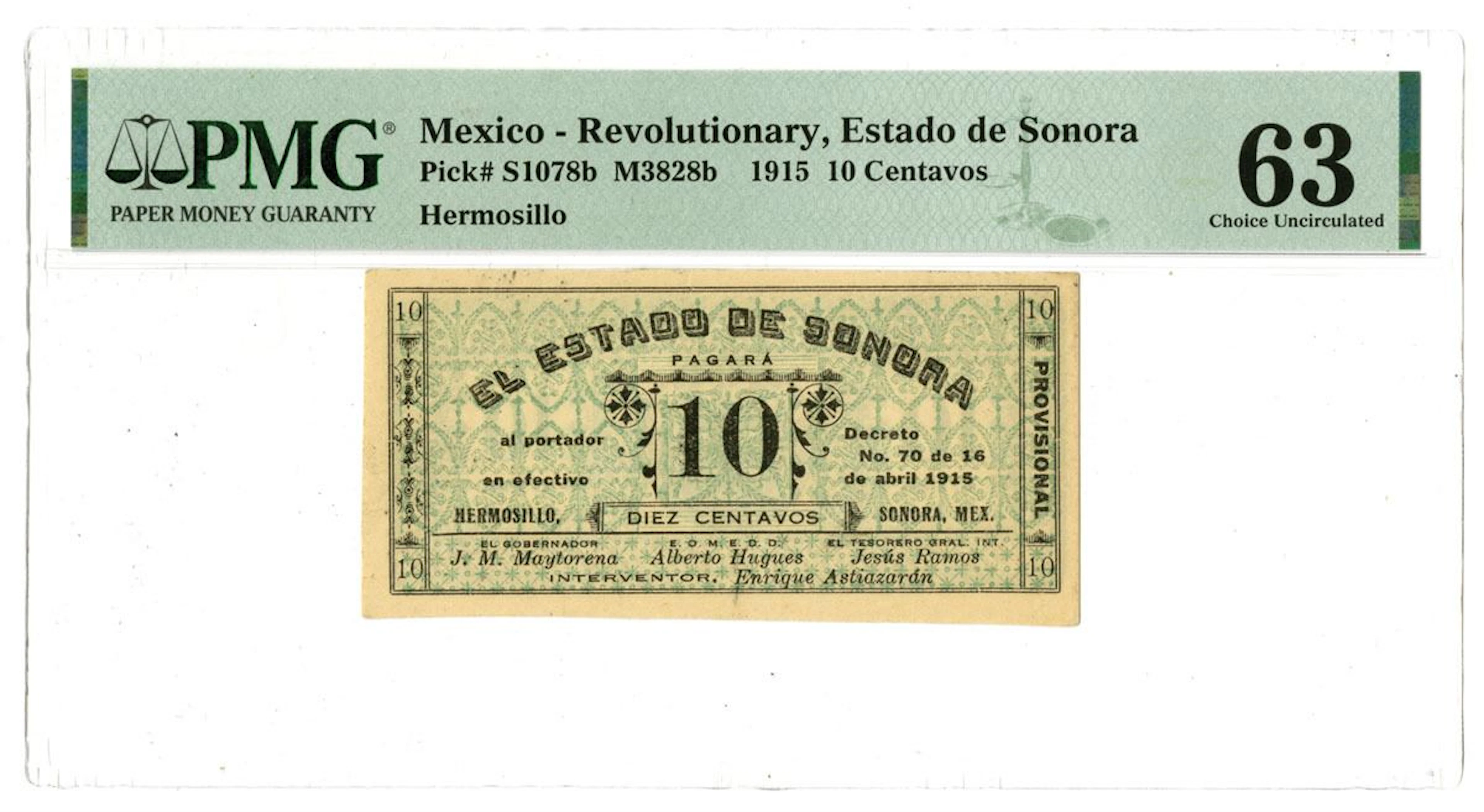 Mexico. Estado de Sonora, 1915, Issued Banknote.