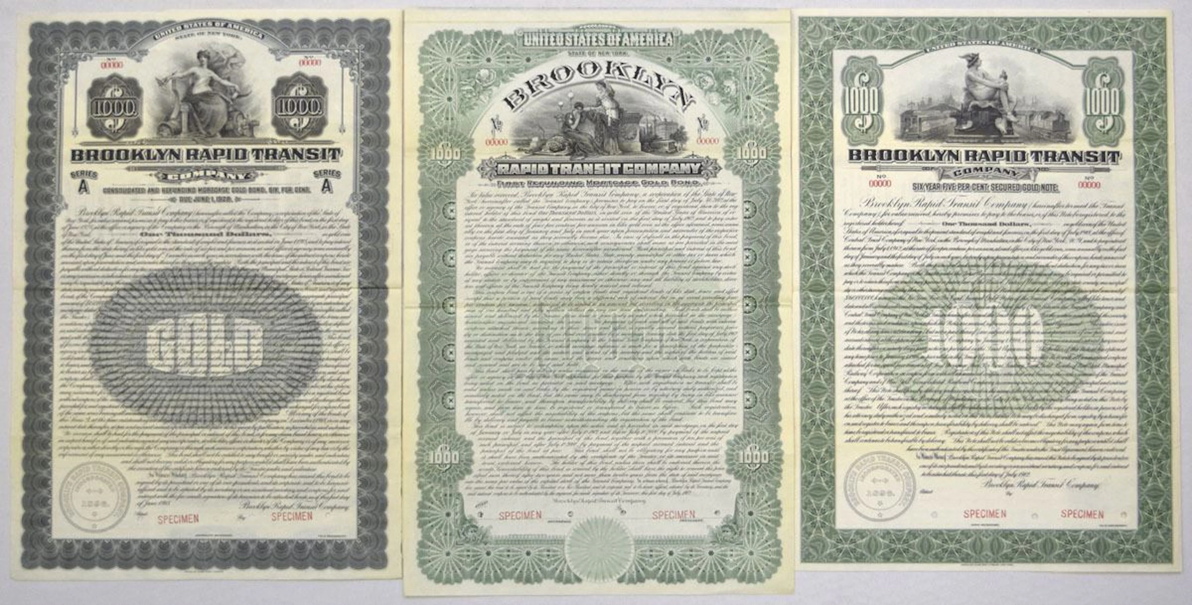 NY. Brooklyn Rapid Transit Co., 1902 (1907) to 1918, Specimen Coupon Bond Trio.