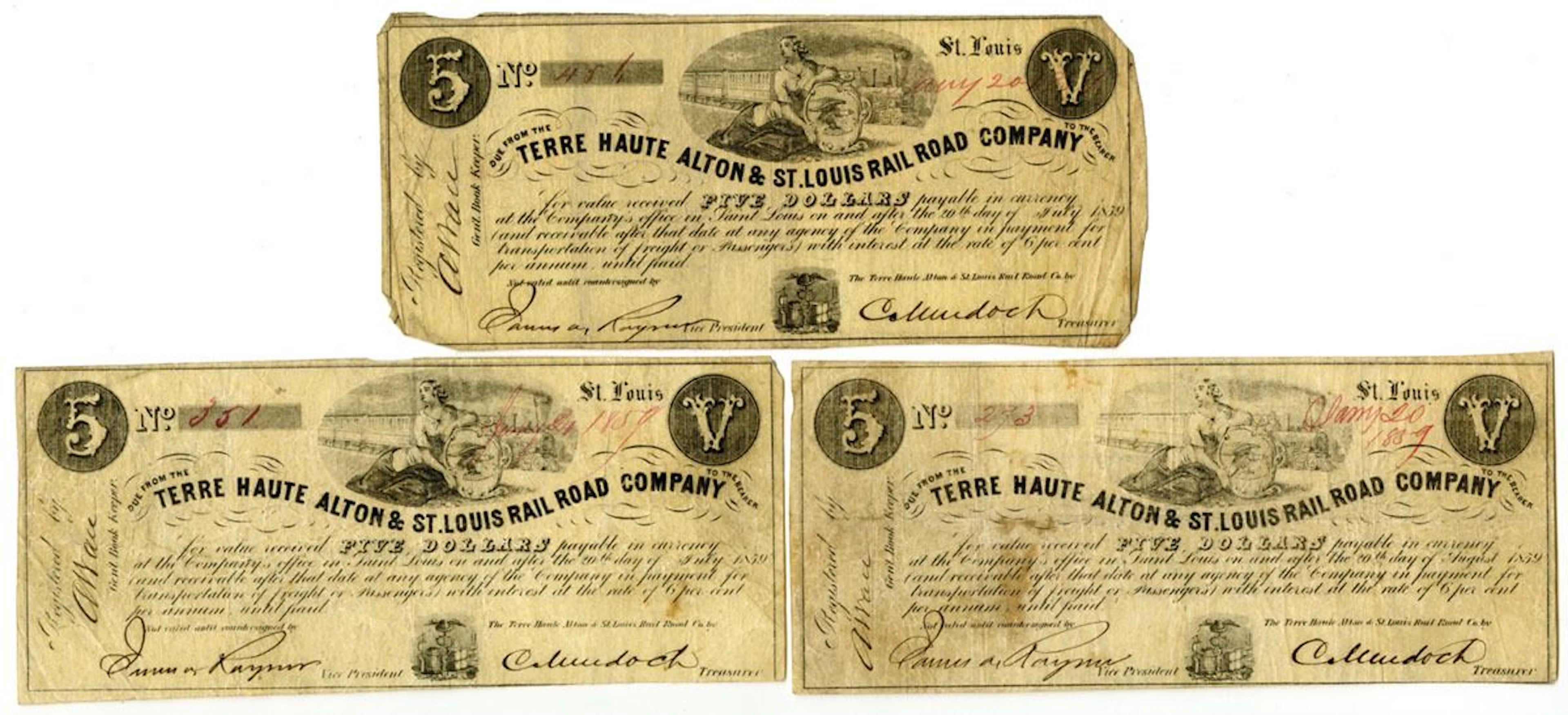 MO. Terre Haute Alton & St. Louis Rail Road Co., 1859, Issued Payment
