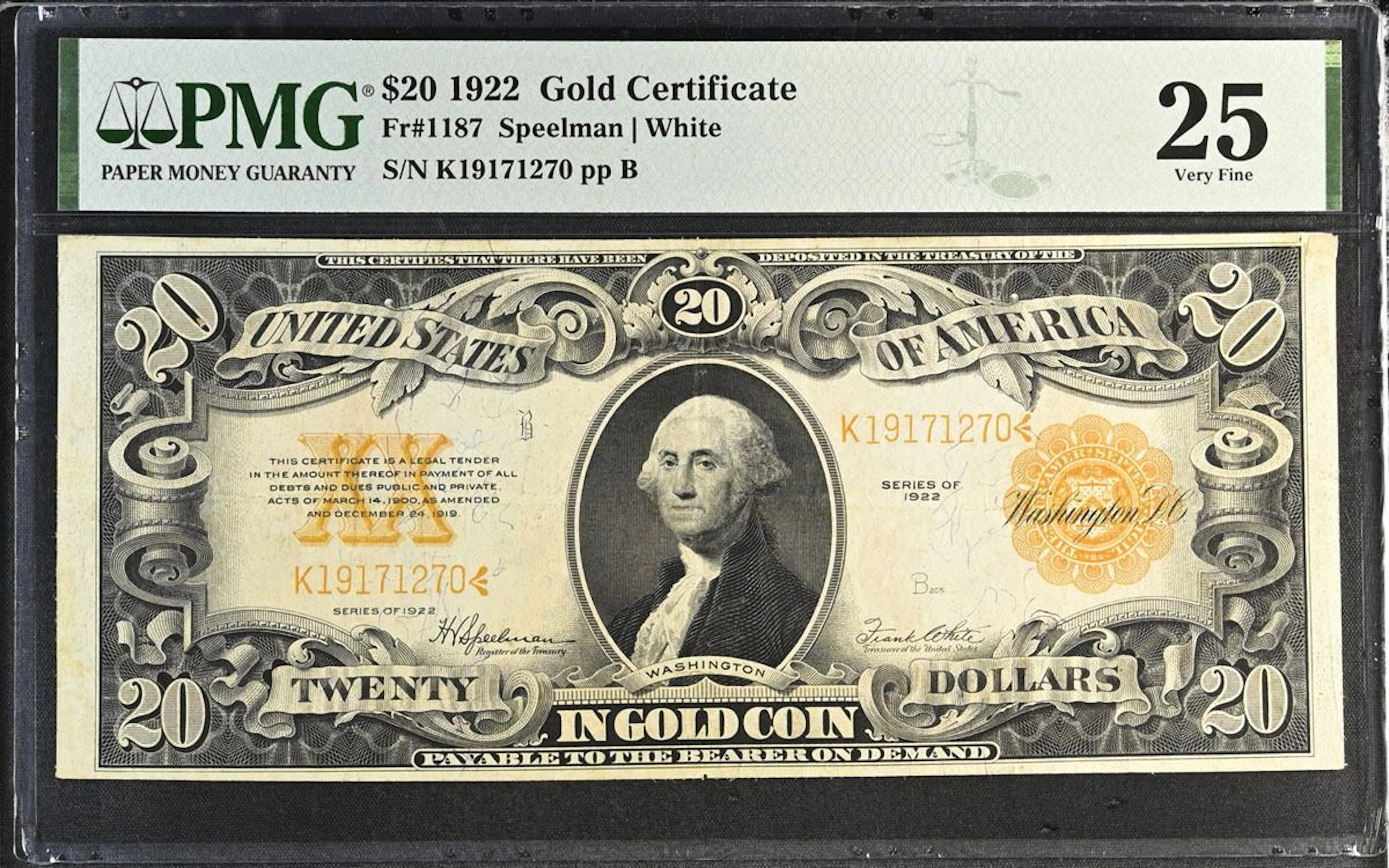 U.S. Gold Certificate. 1922 $20, Fr.# 1187, Issued Banknote, PMG Very Fine 25