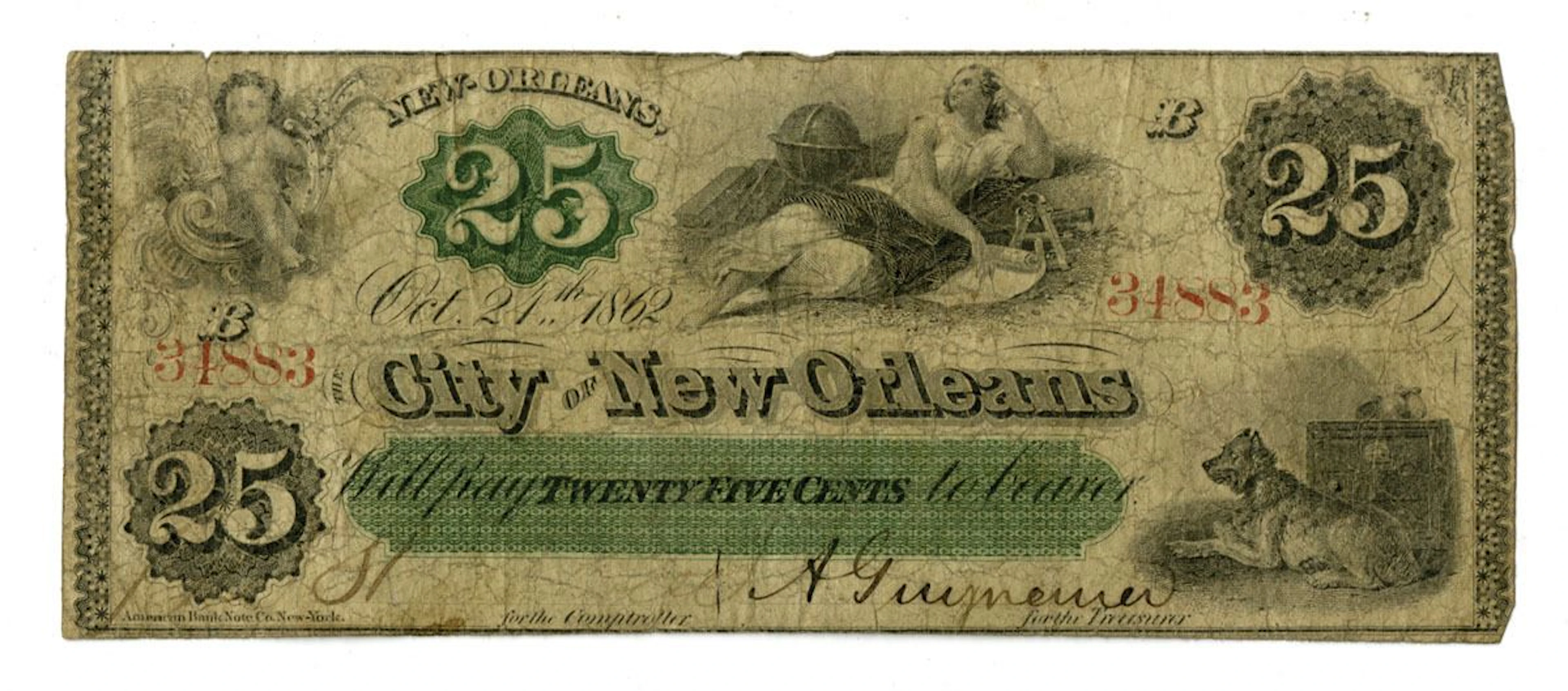 LA. City of New Orleans, 1862, 25 Cents Issued Obsolete Scrip Note