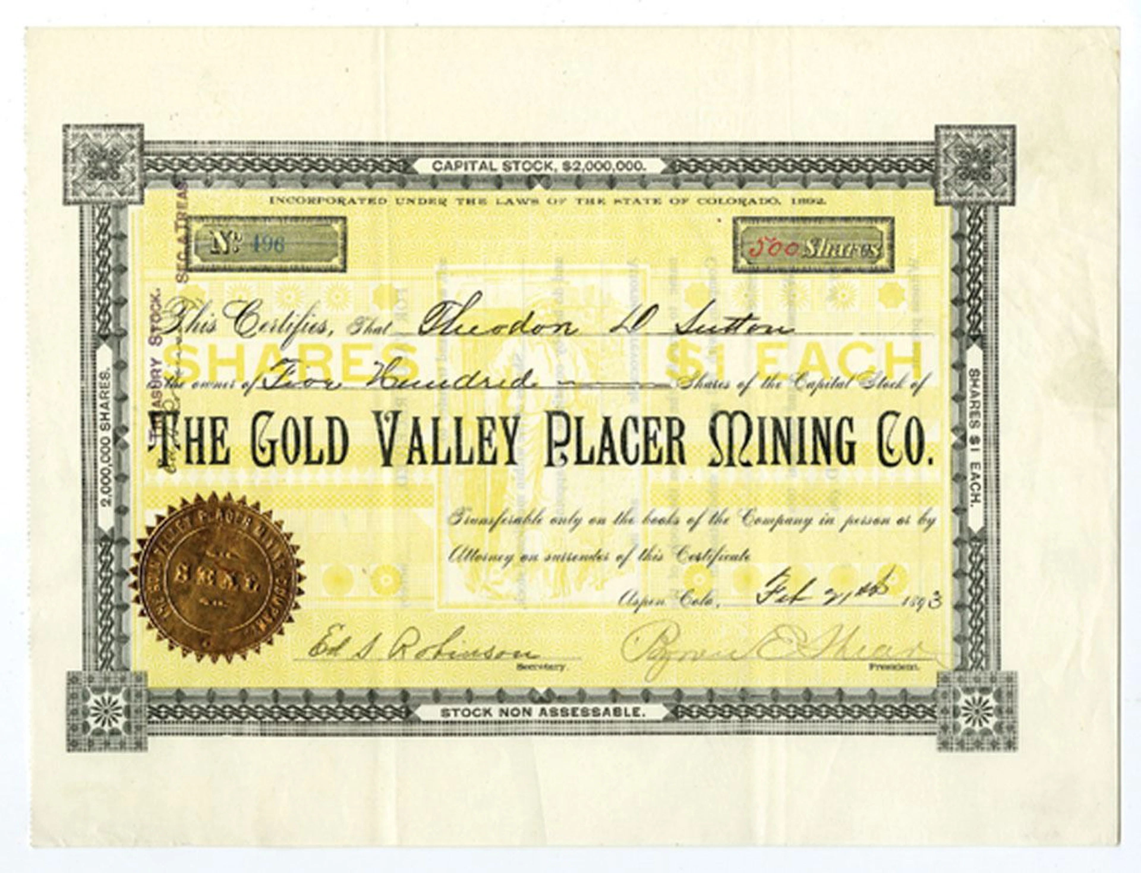 CO. Gold Valley Placer Mining Co., 1893 Stock Certificate