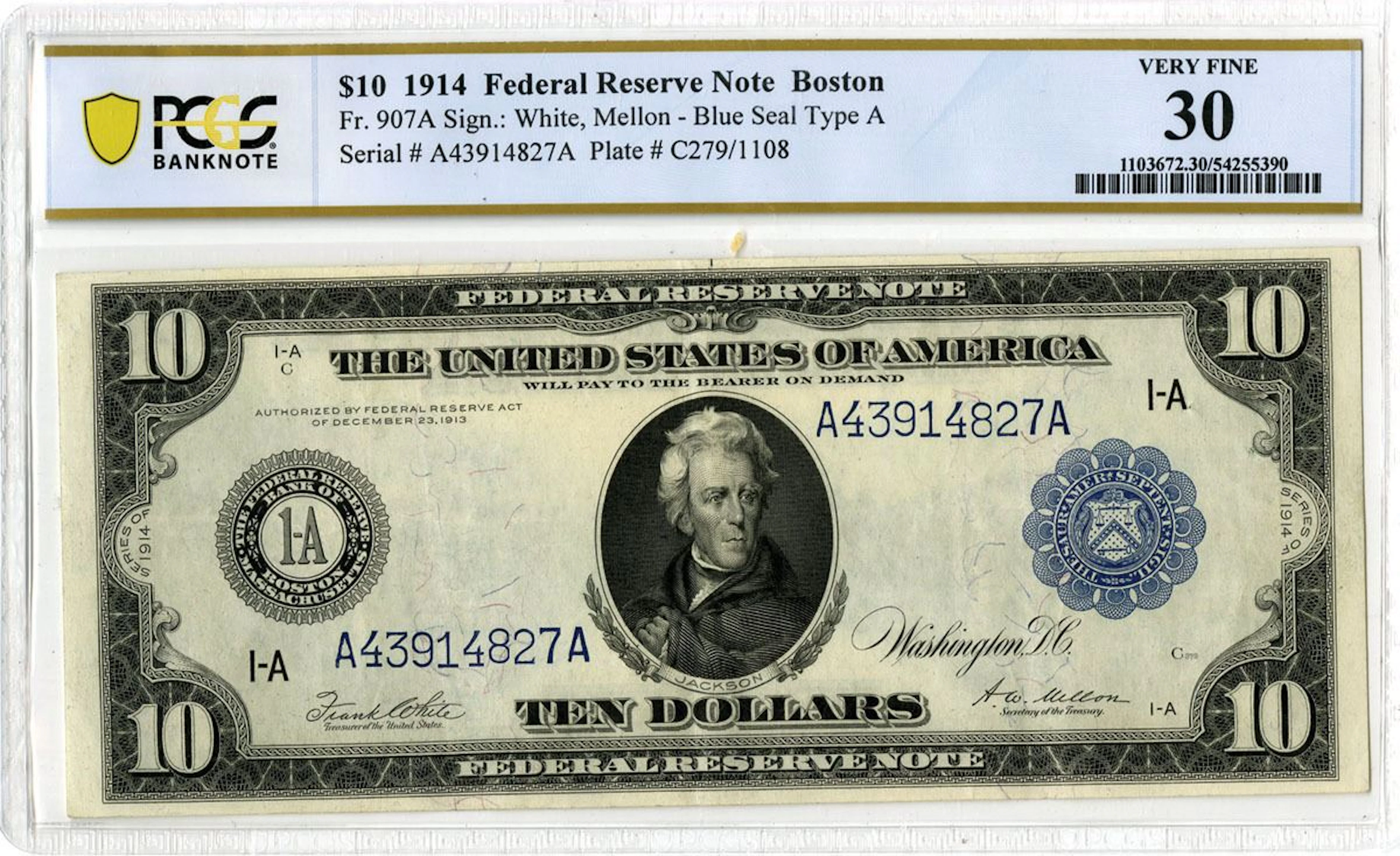 U.S. Federal Reserve Note, Boston. 1914 $10, Fr.# 907A, Issued Banknote