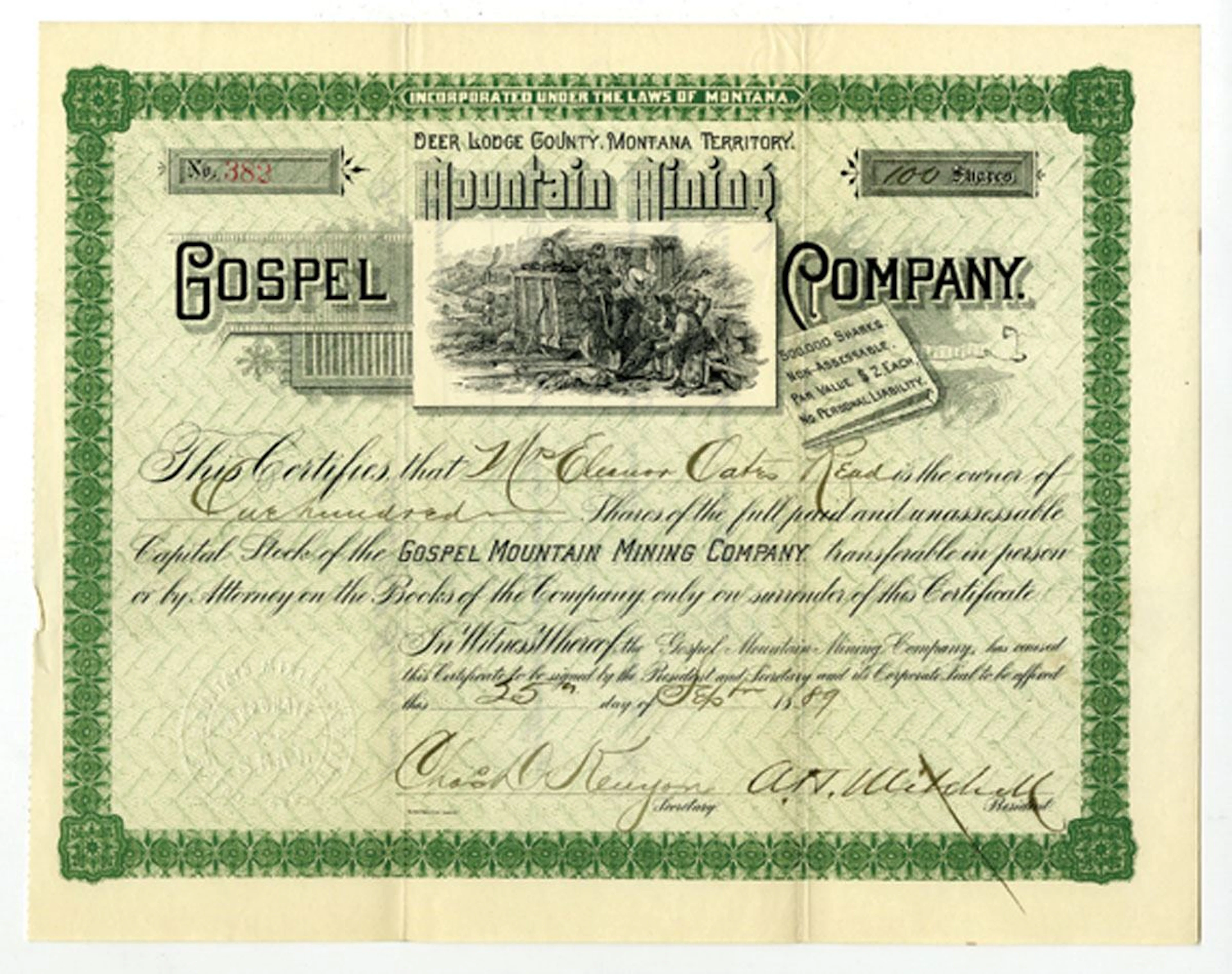Montana Territory. Gospel Mountain Mining Co., 1889, I/U Stock Certificate.