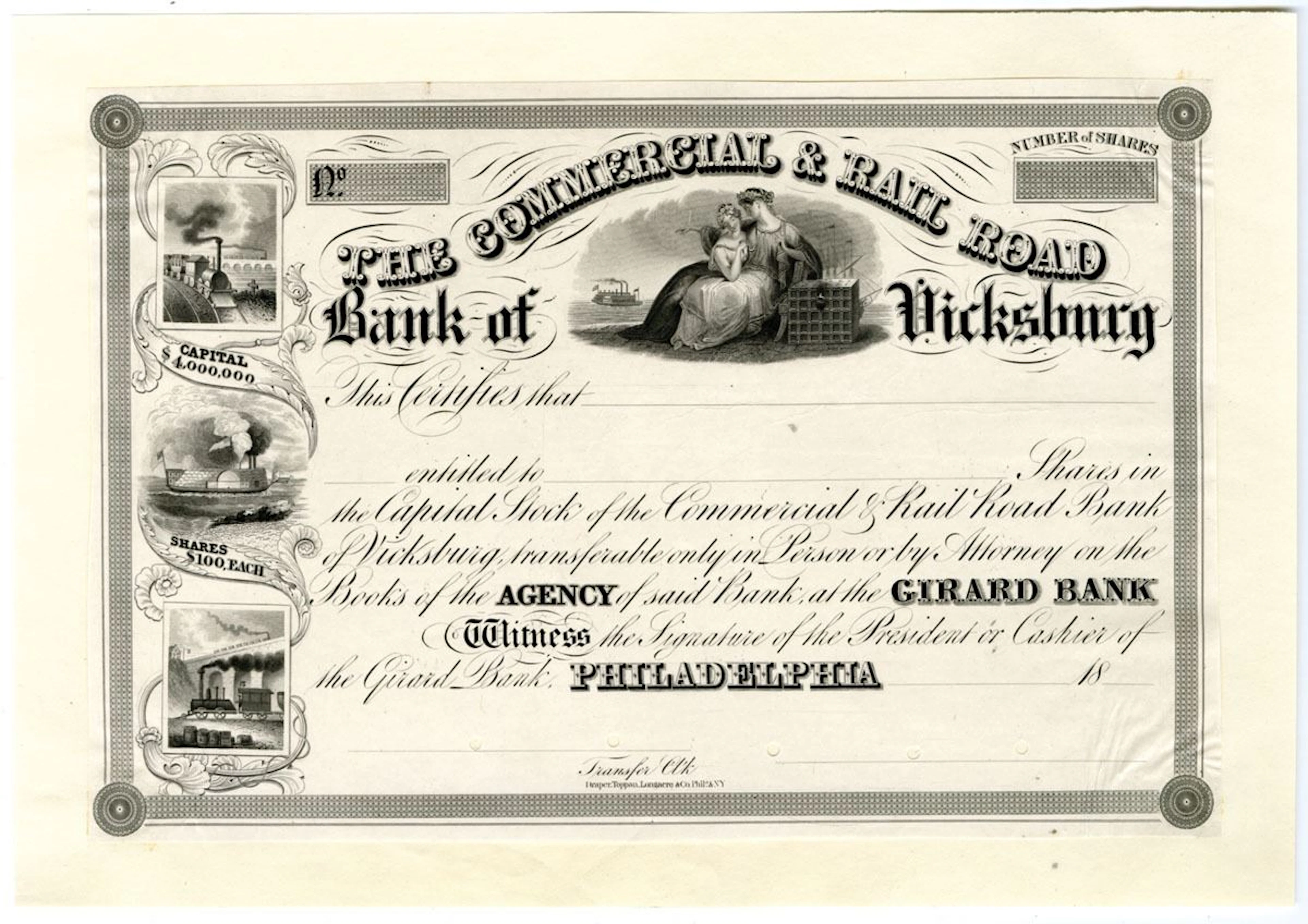 PA. Commercial & Rail Road Bank of Vicksburg, ca.1830s, Proof Stock
