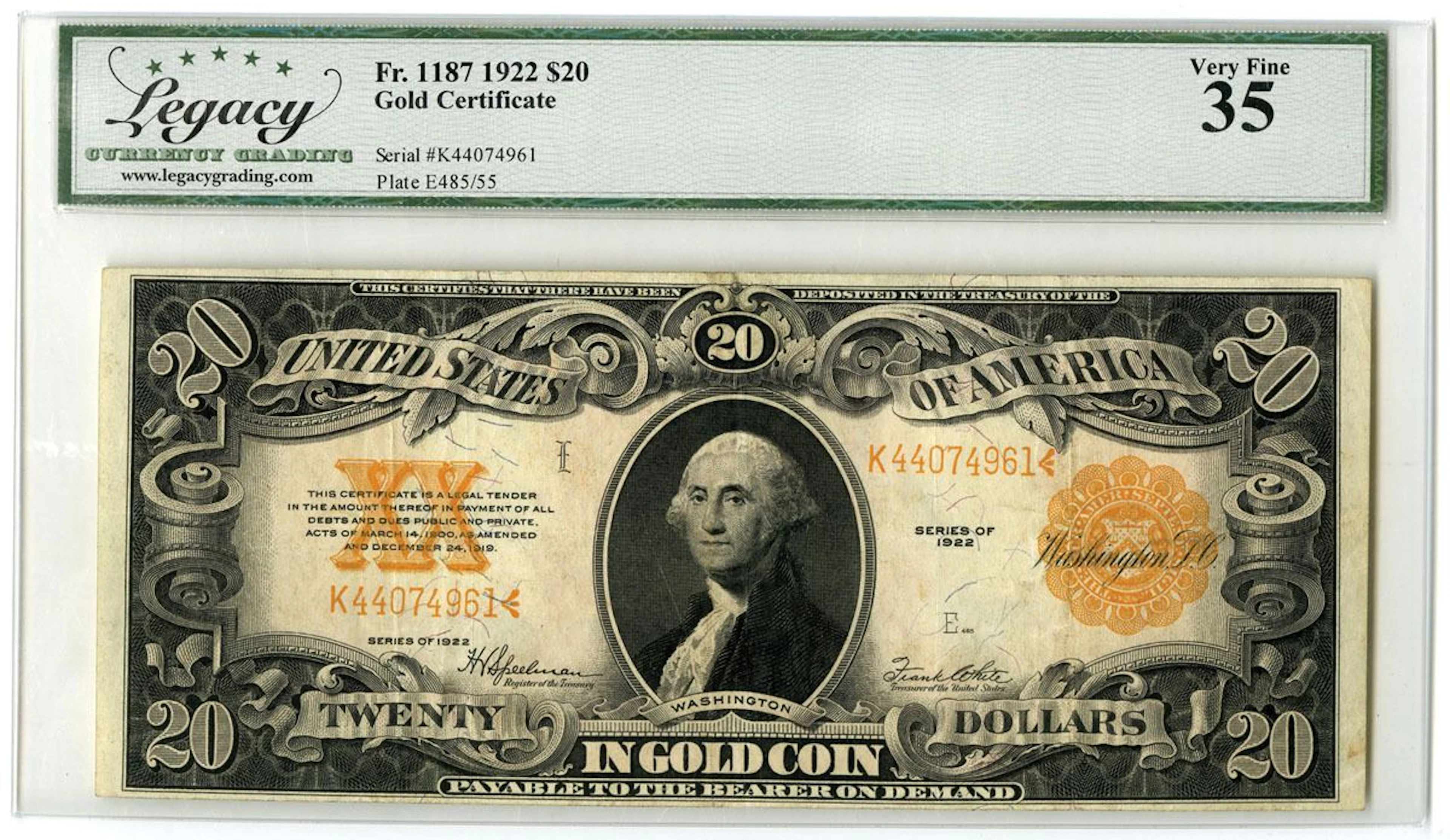 U.S. Gold Certificate. 1922 $20, Fr.# 1187, Issued Banknote, Legacy