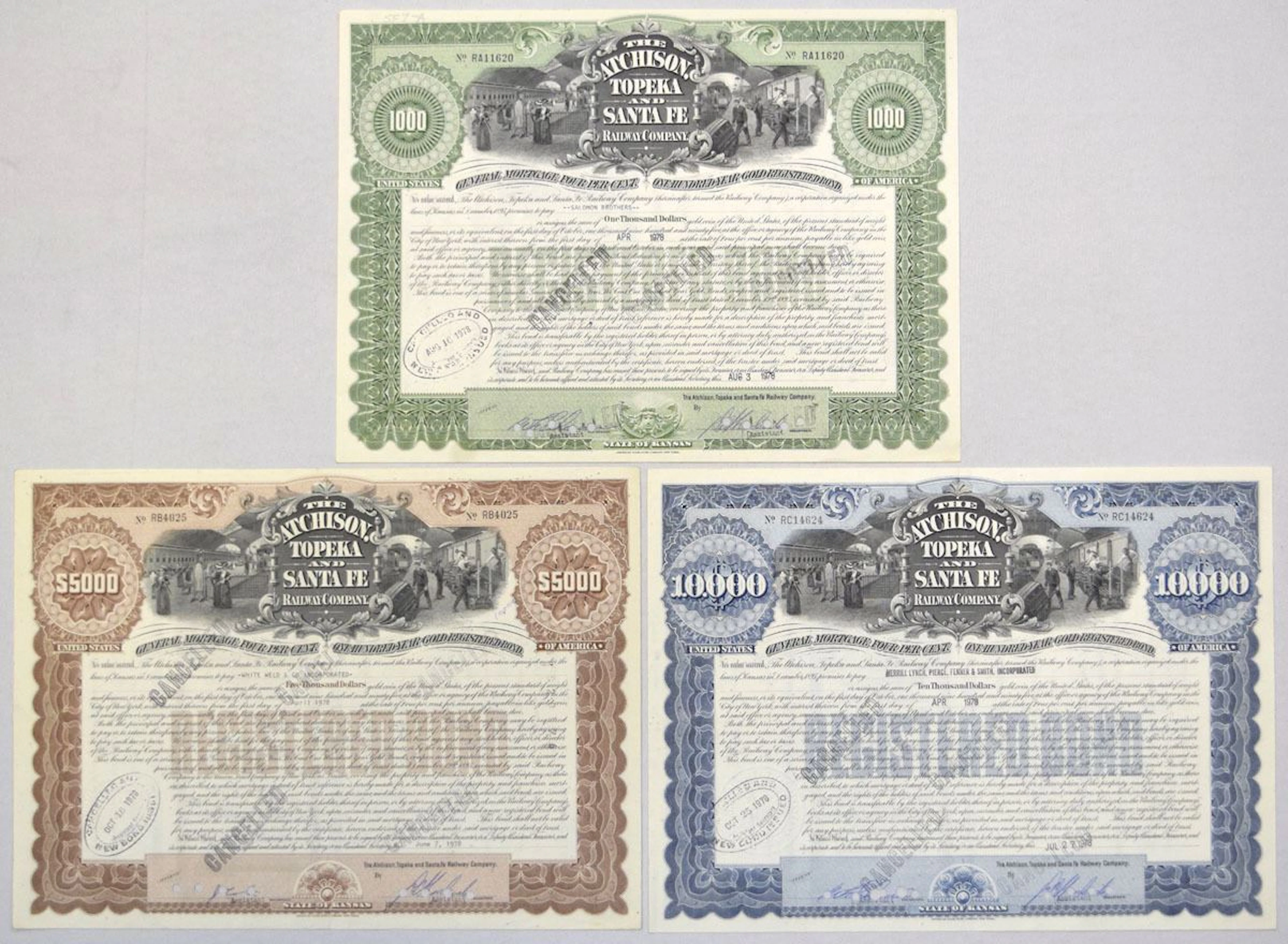 KS. Atchison, Topeka and Santa Fe Railroad Co., 1978, I/C Bond Trio.