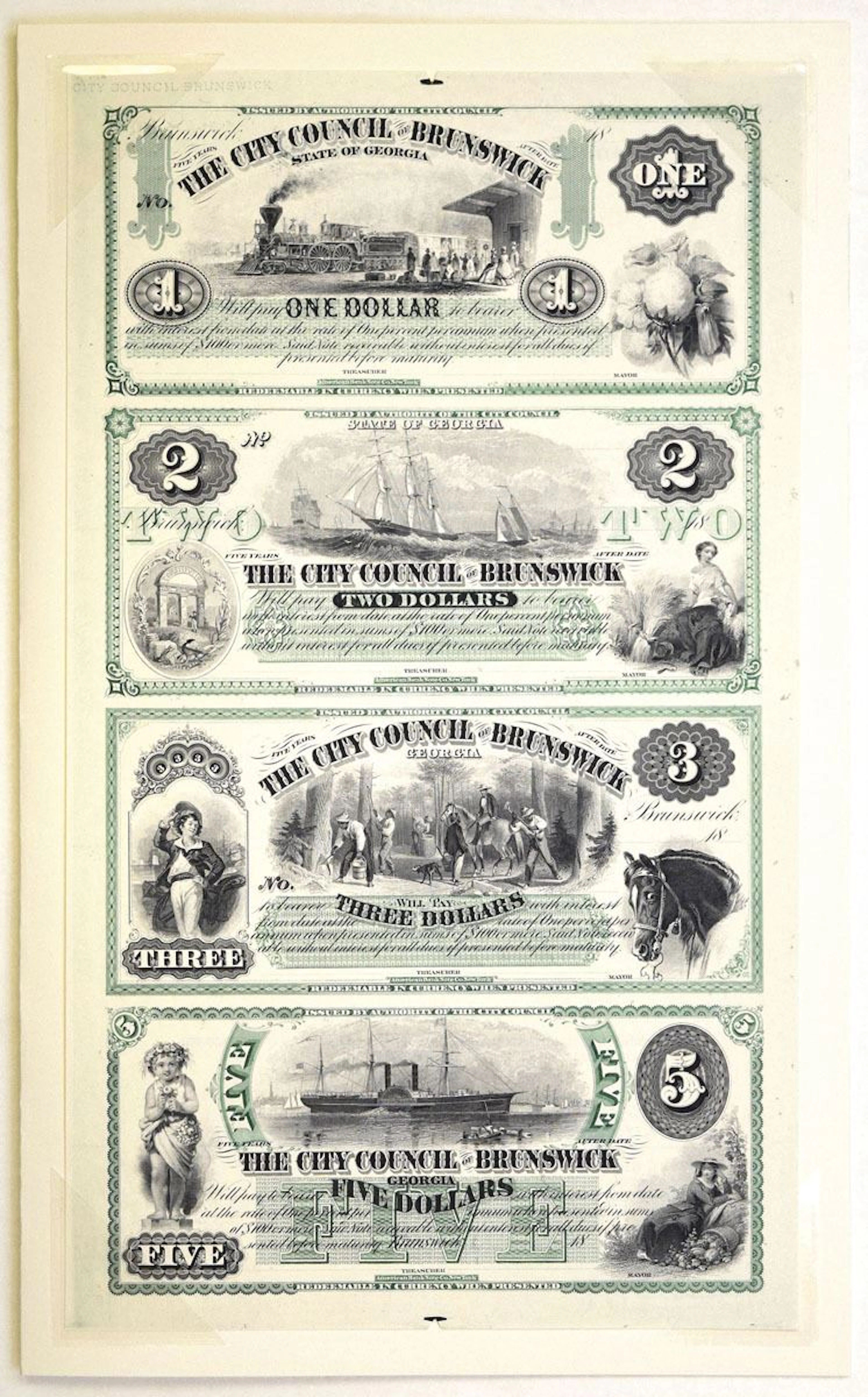 GA. City Council of Brunswick, Georgia Uncut Currency, 1855-1866 (Reprinted