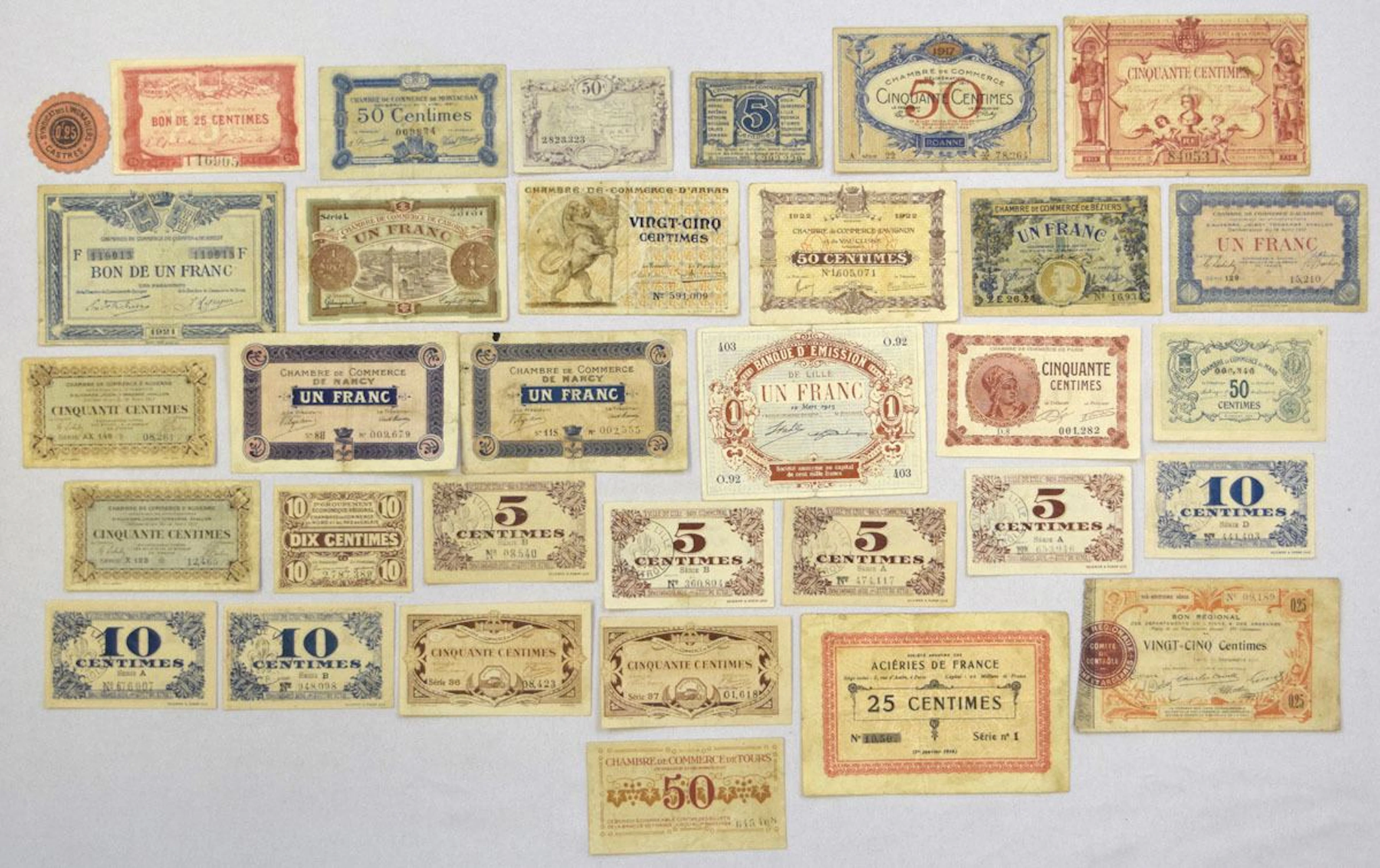 France. WW I Emergency Currency, 1910 to 1920s, Issued Scrip Notes.