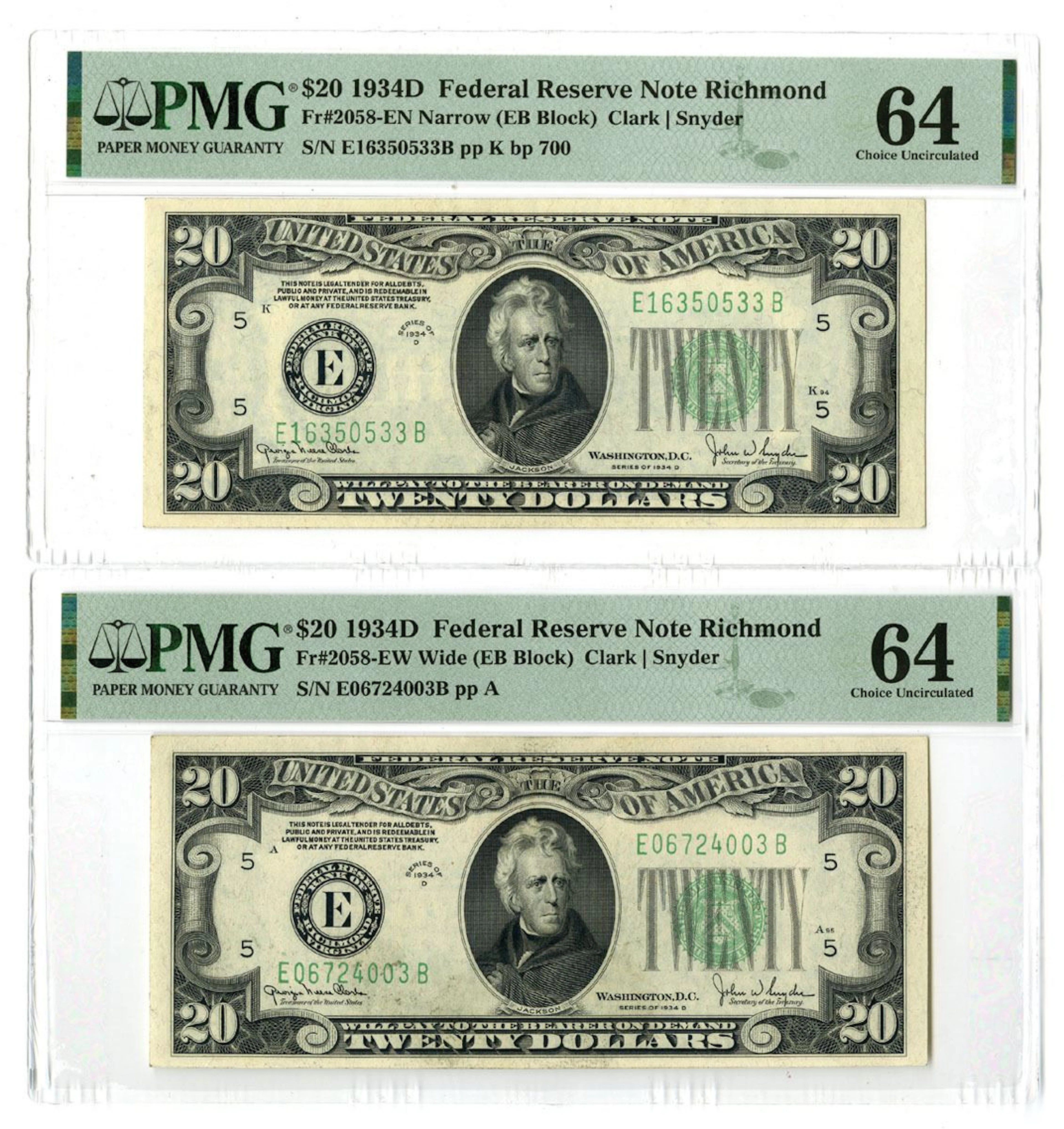 U.S., F.R.N., $20, Series of 1934D, Fr.# 2058EW, Issued Banknote Pair.