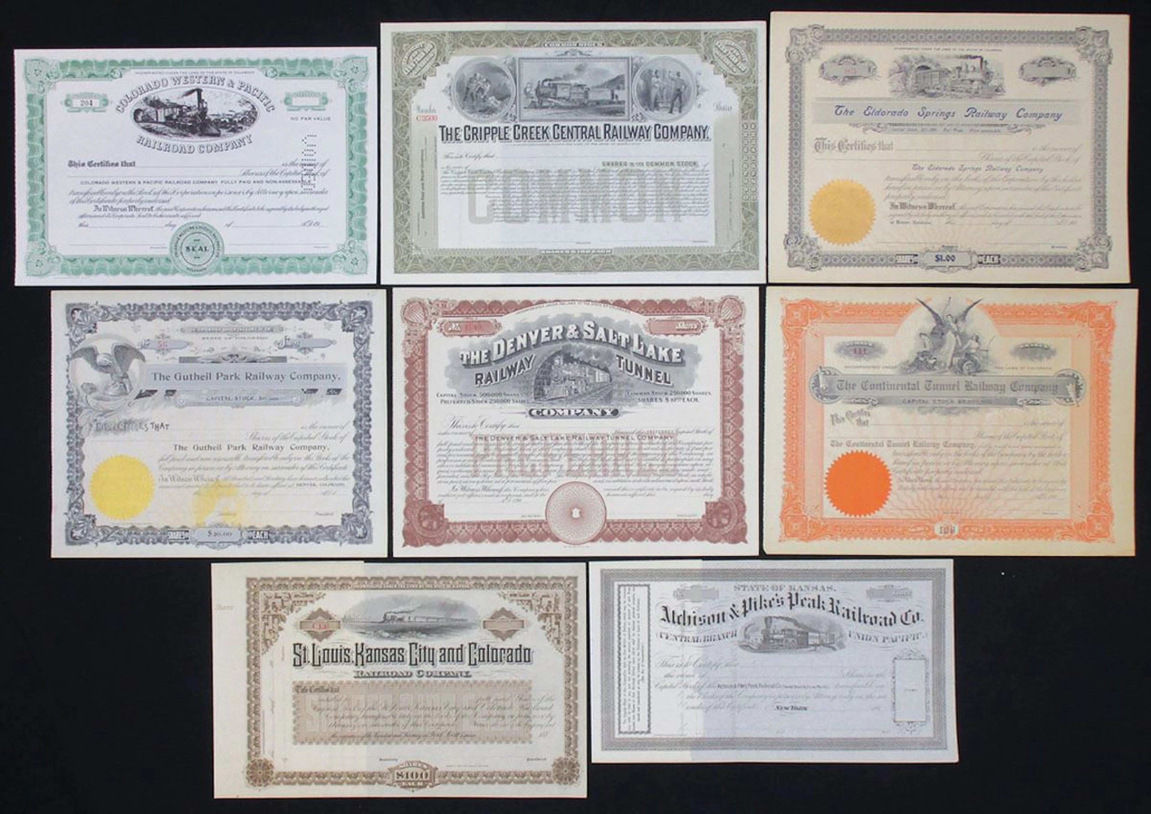 CO & KS. Colorado and Kansas Railway & Tunnel U/U Stock Certificate