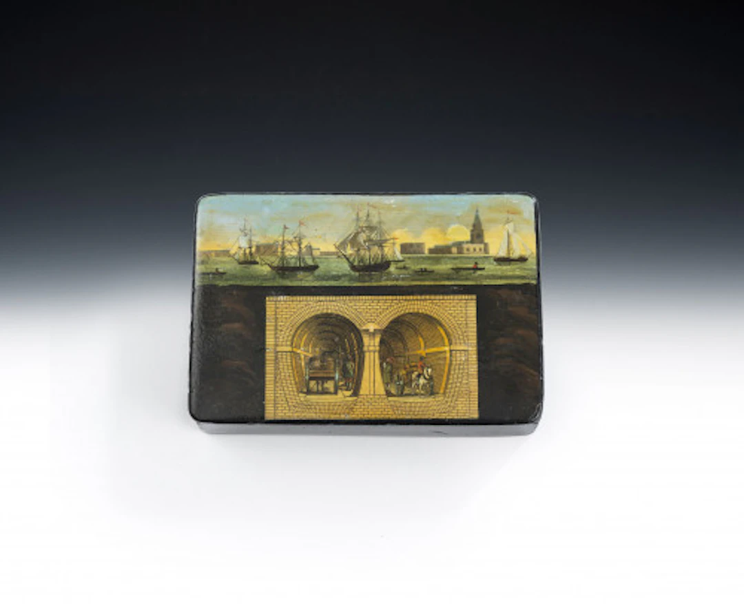 A very rare Papier Mache "Thames Tunnel" Souvenir Snuff Box. English