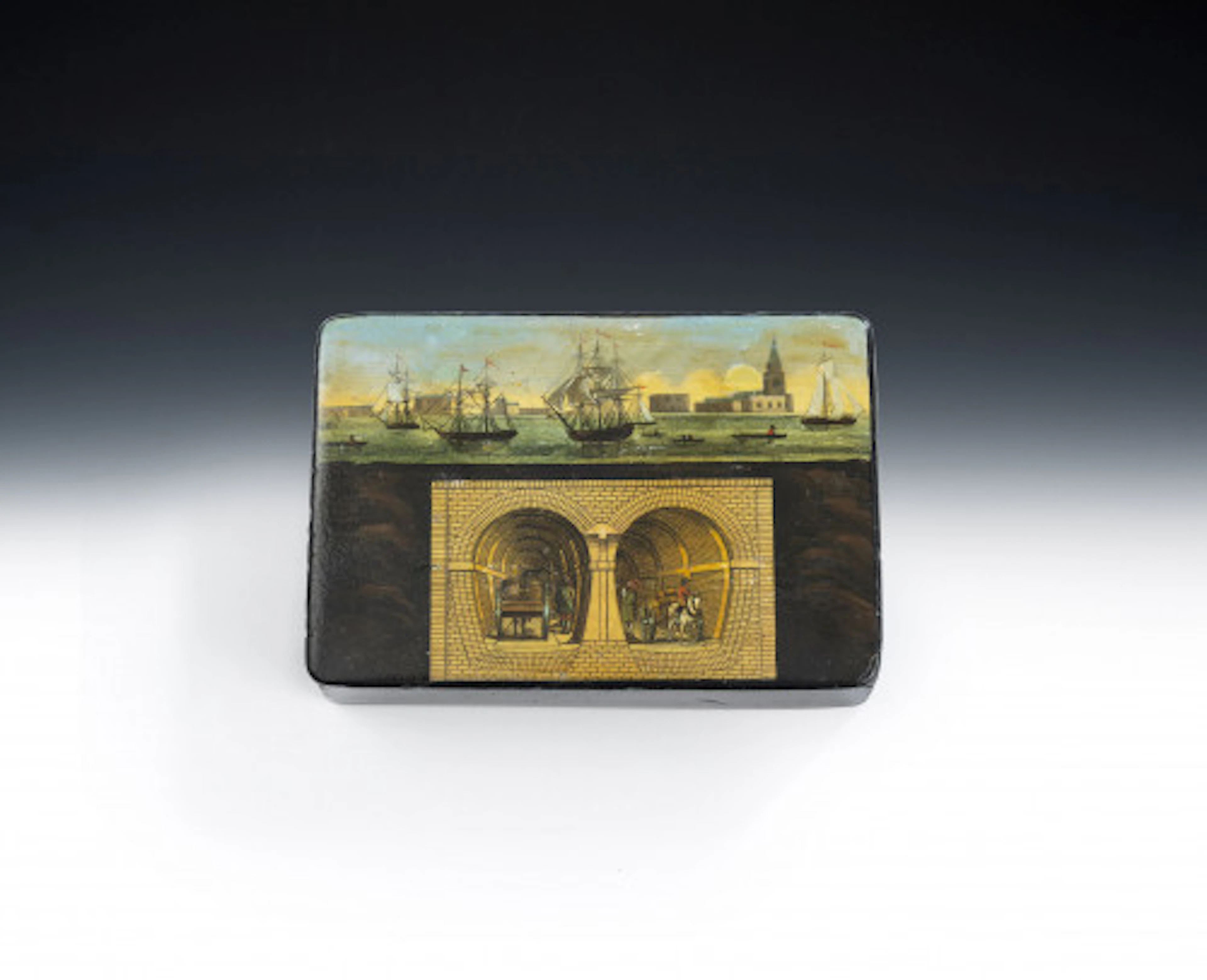 A very rare Papier Mache "Thames Tunnel" Souvenir Snuff Box. English