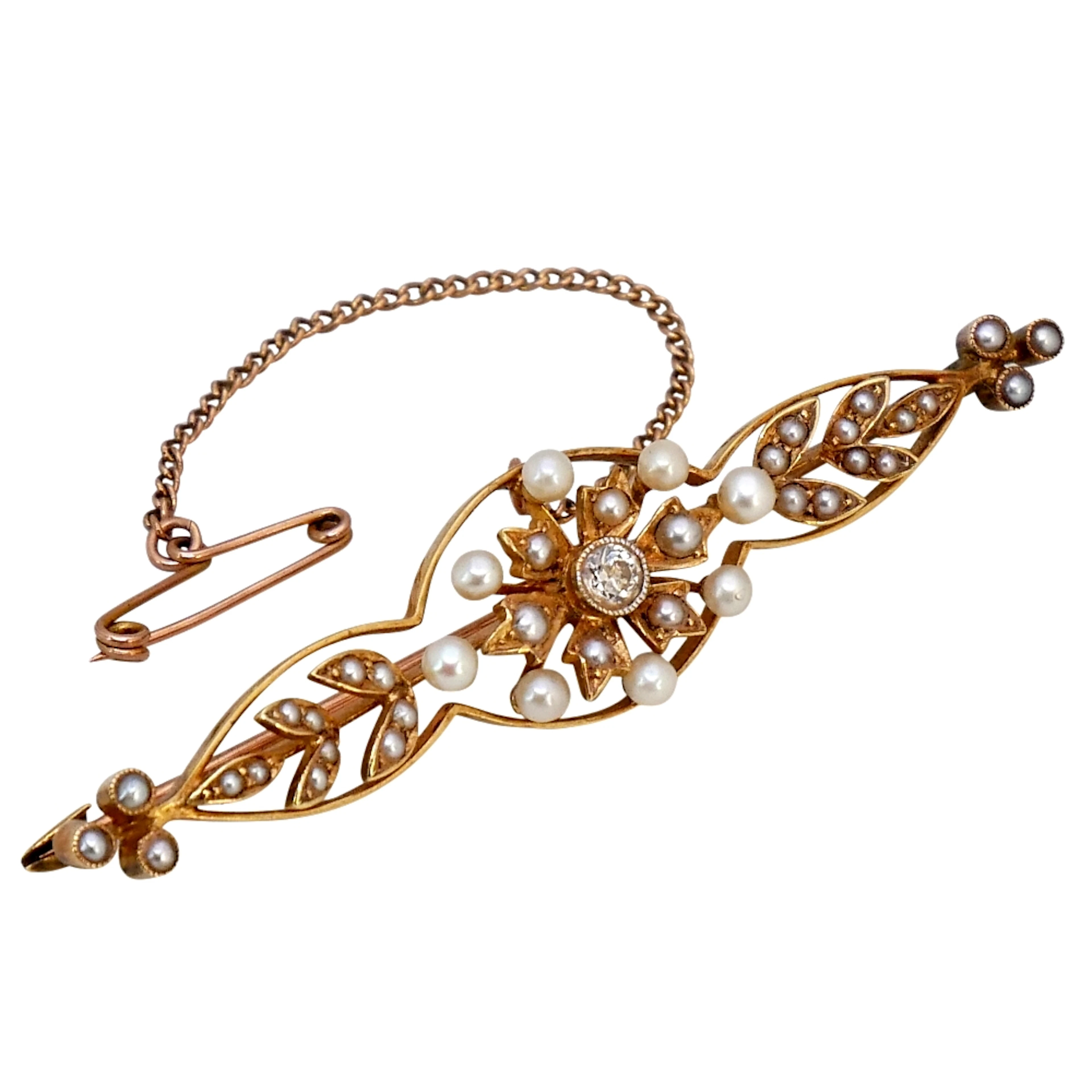 Victorian Pearl Diamond Gold Brooch