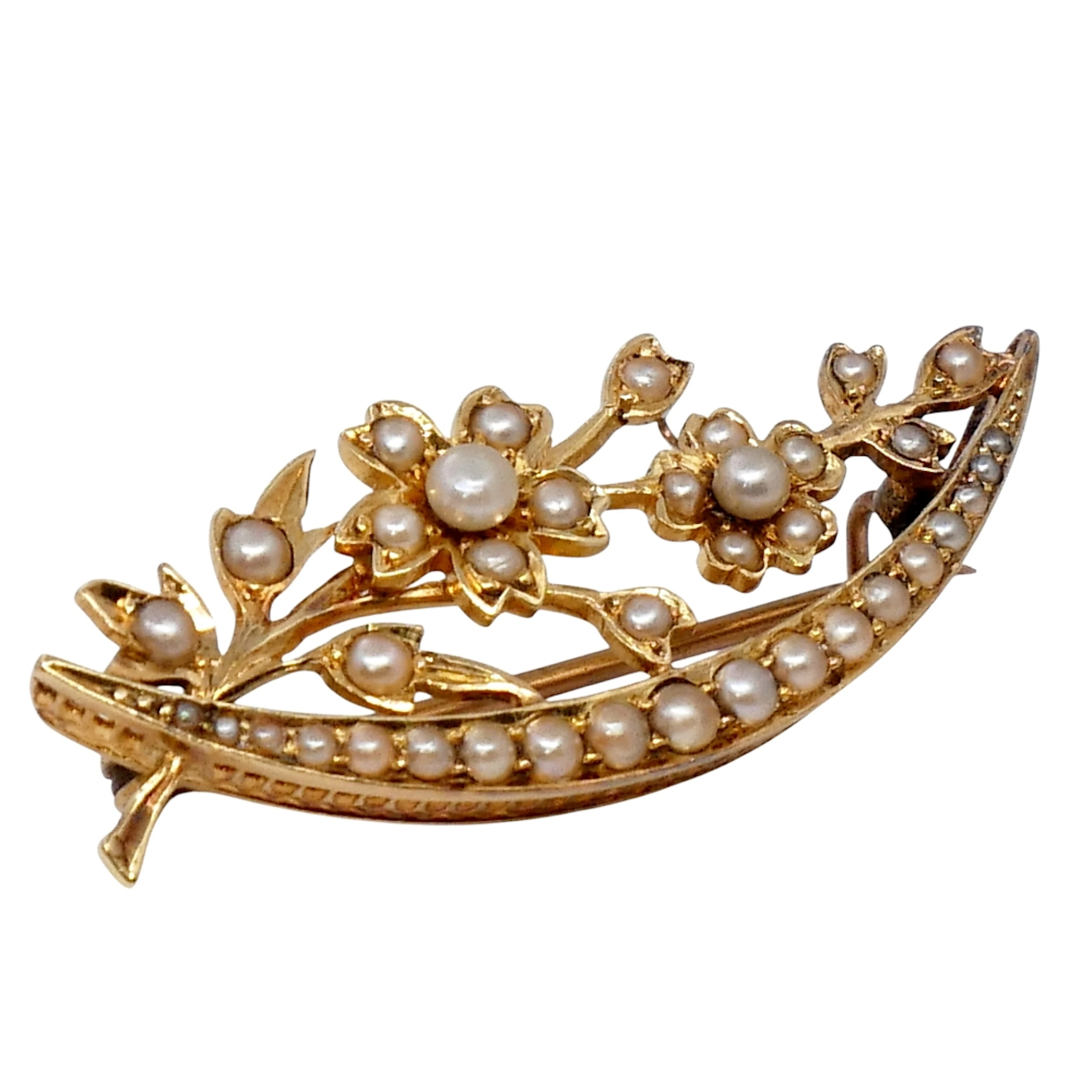 Victorian Pearl Gold Crescent Brooch