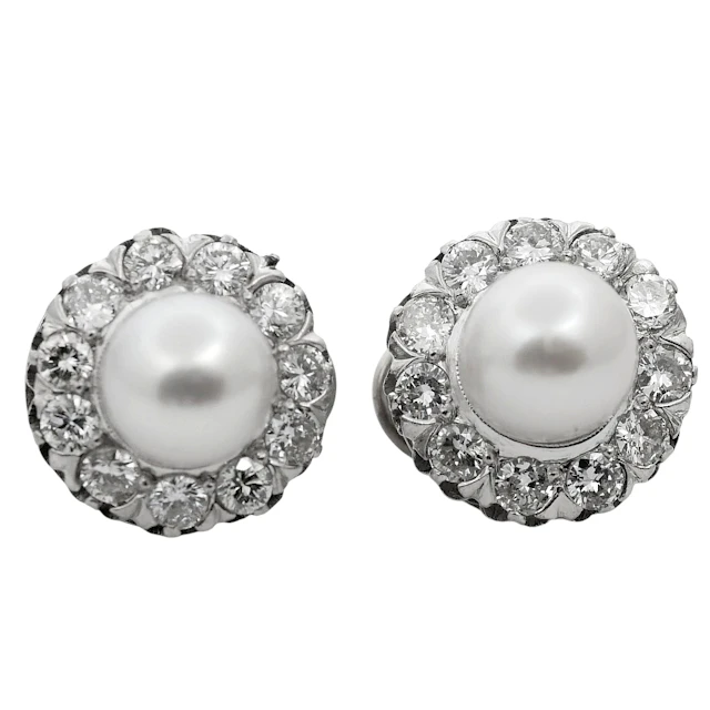 Pearl Diamond Gold Halo Earrings