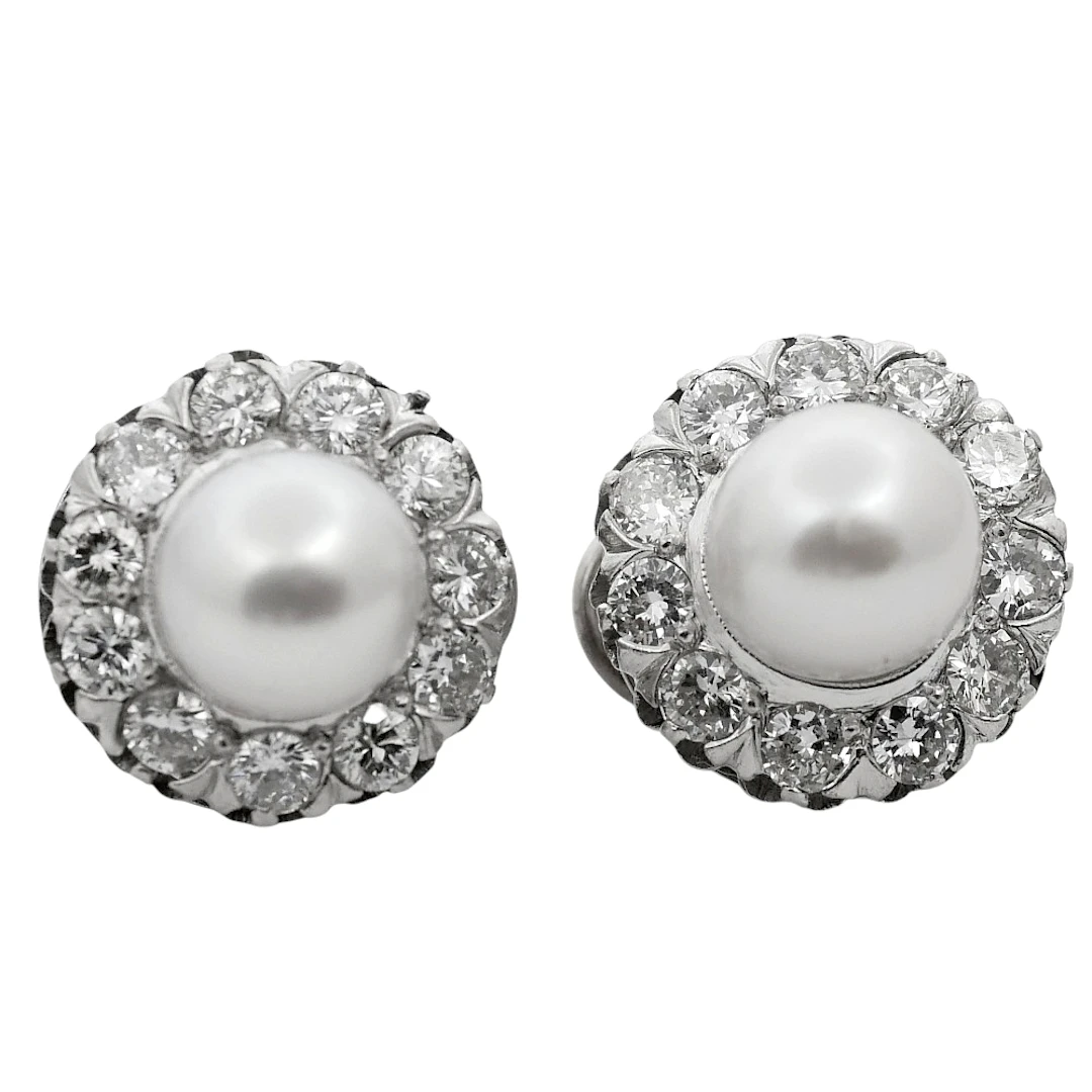 Pearl Diamond Gold Halo Earrings