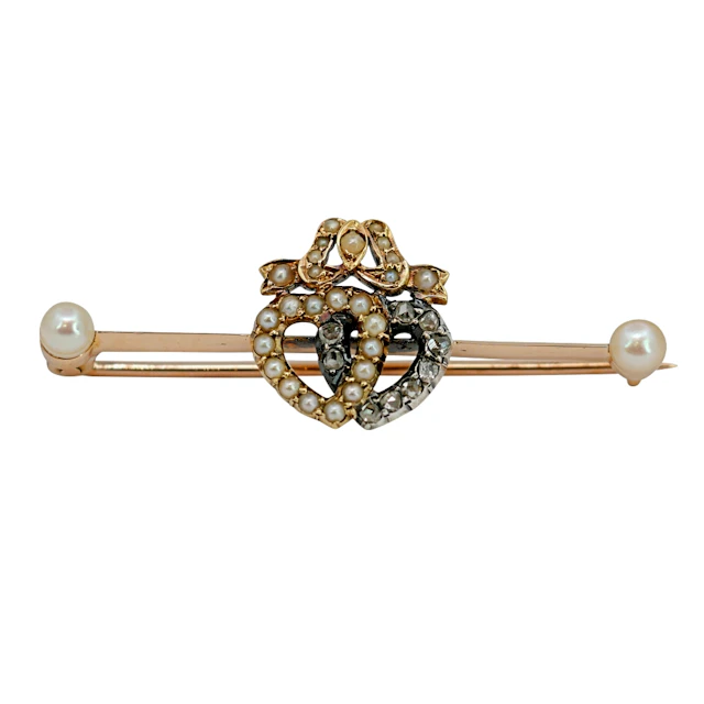 Victorian Diamond Pearl Hearts Brooch