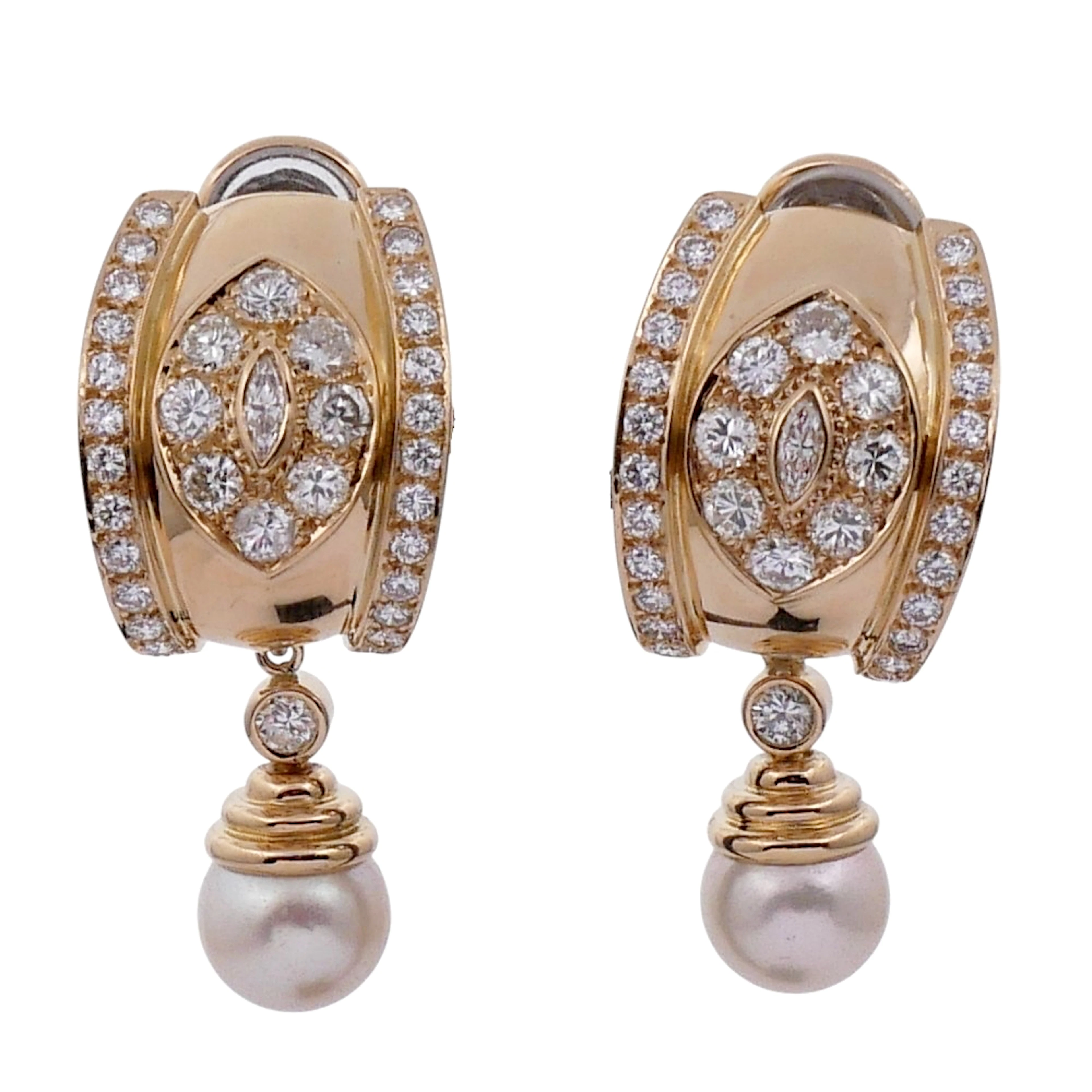 Large Diamond Gold Pearl Hoop Earrings