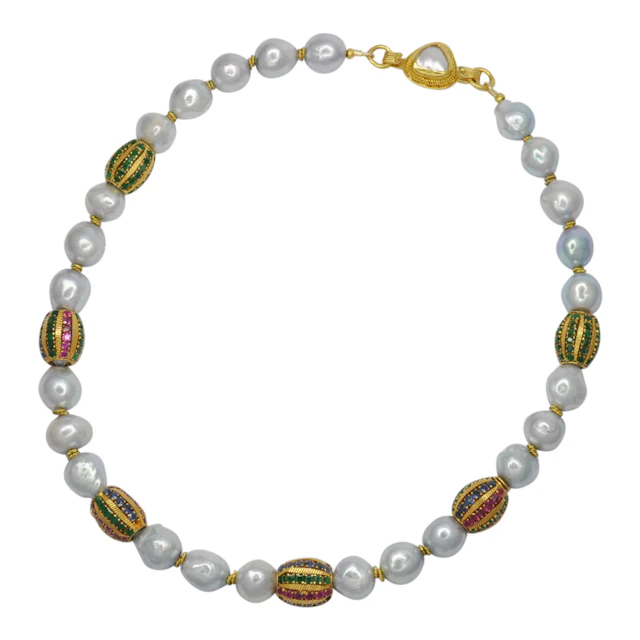 Cultured Pearl and Multi Gem Gold Necklace