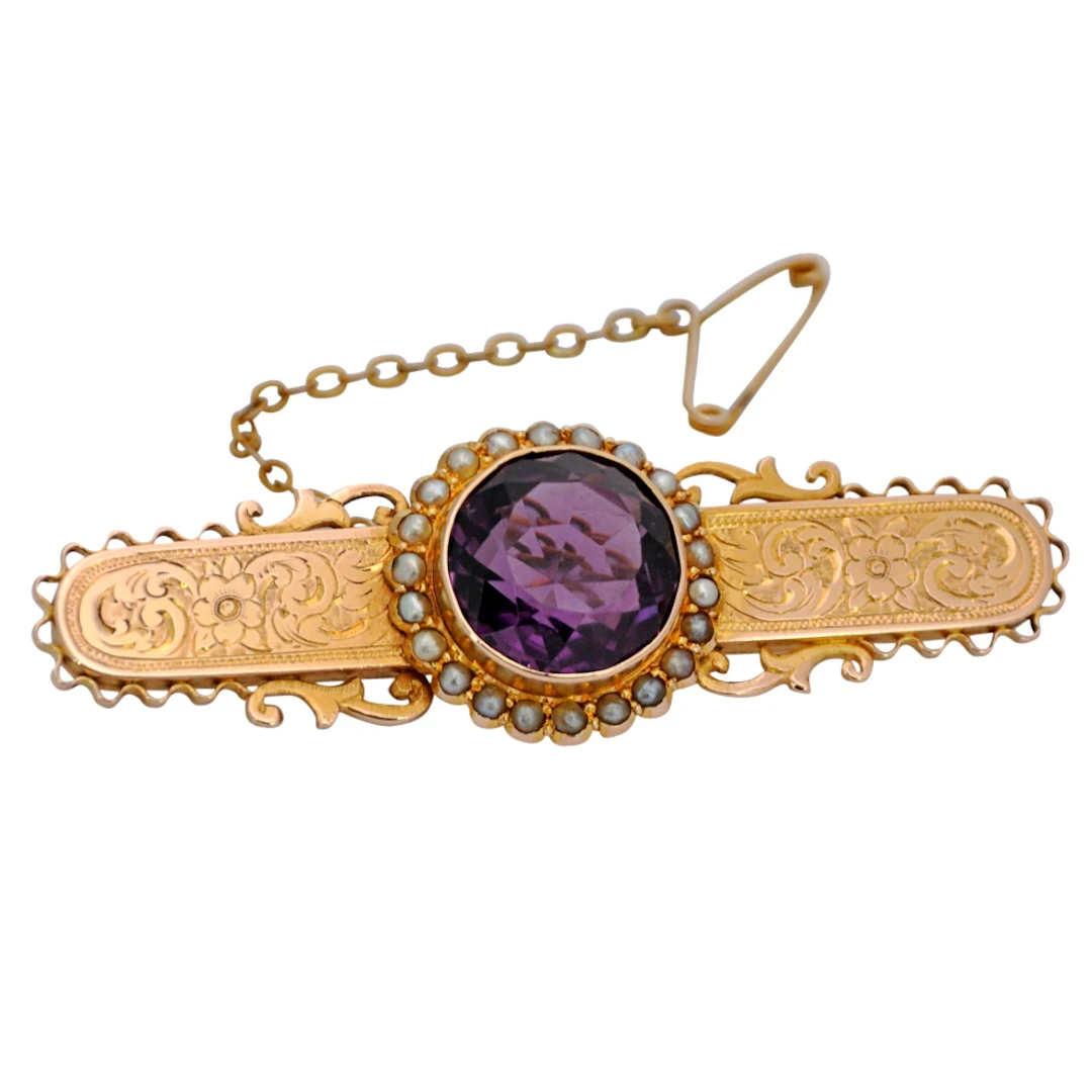 Antique Victorian Amethyst Pearl Brooch