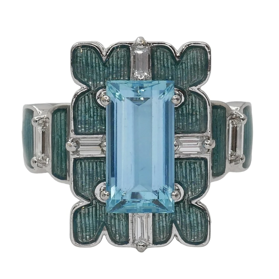 Vintage Aquamarine Enamel Gold Ring