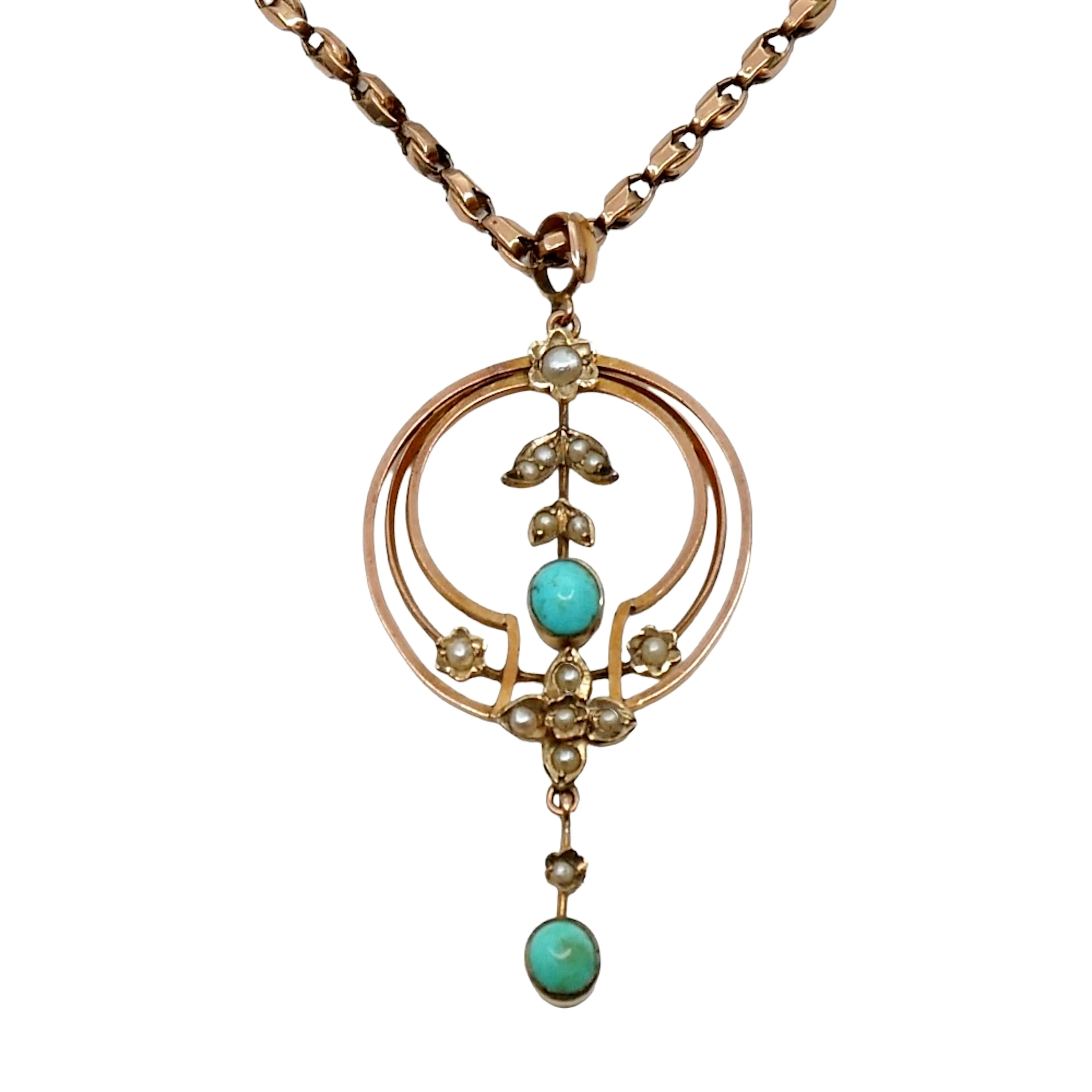 Edwardian Turquoise Pearl Gold Pendant