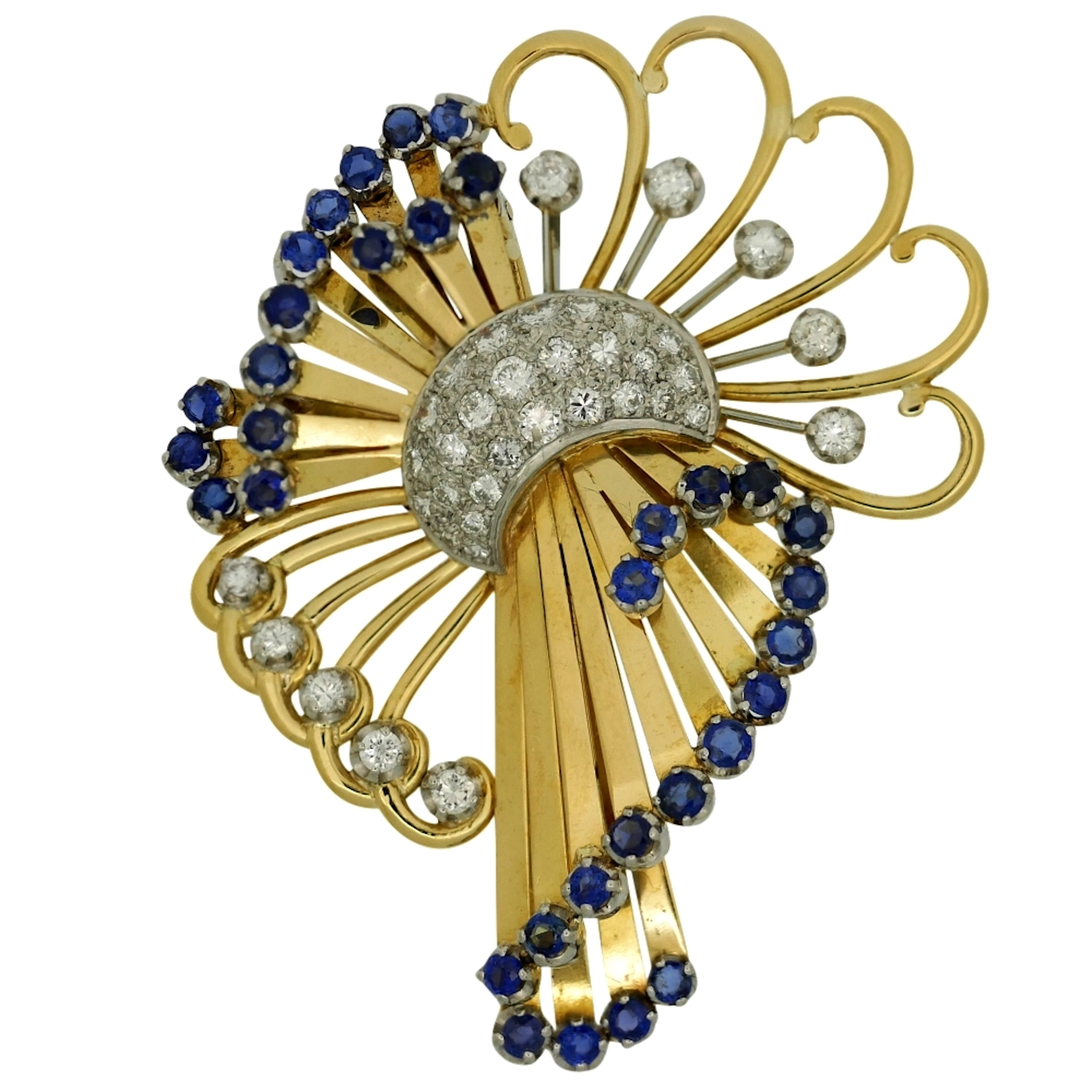 Vintage Sapphire Diamond Gold Brooch
