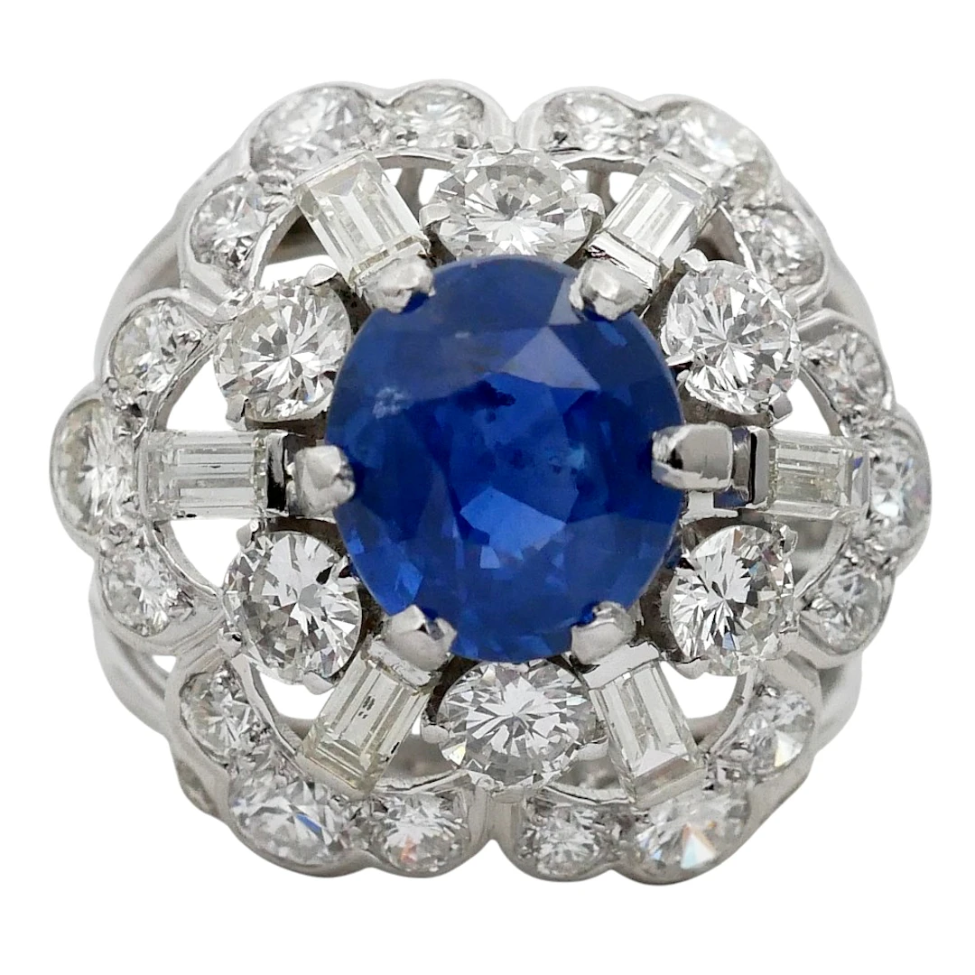 Mid Century Sapphire Diamond Cluster Ring