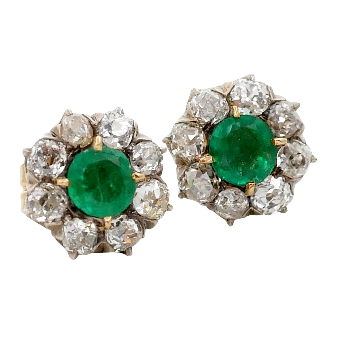 Antique Emerald Diamond Gold Earrings