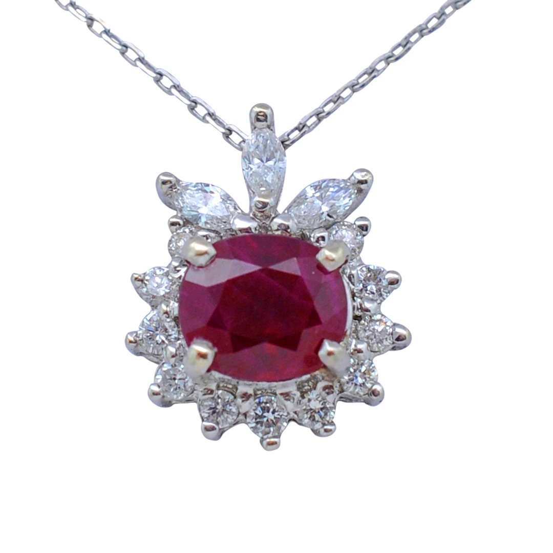 Ruby Diamond Halo Gold Pendant