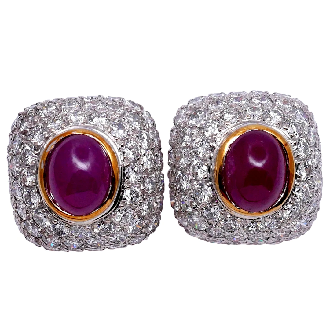 Vintage Cabochon Ruby Diamond Earrings