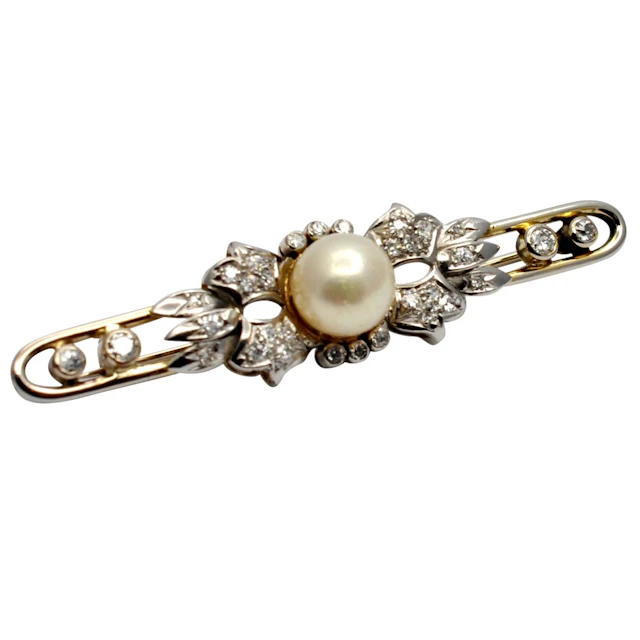 Diamond and Pearl Gold Bar Brooch