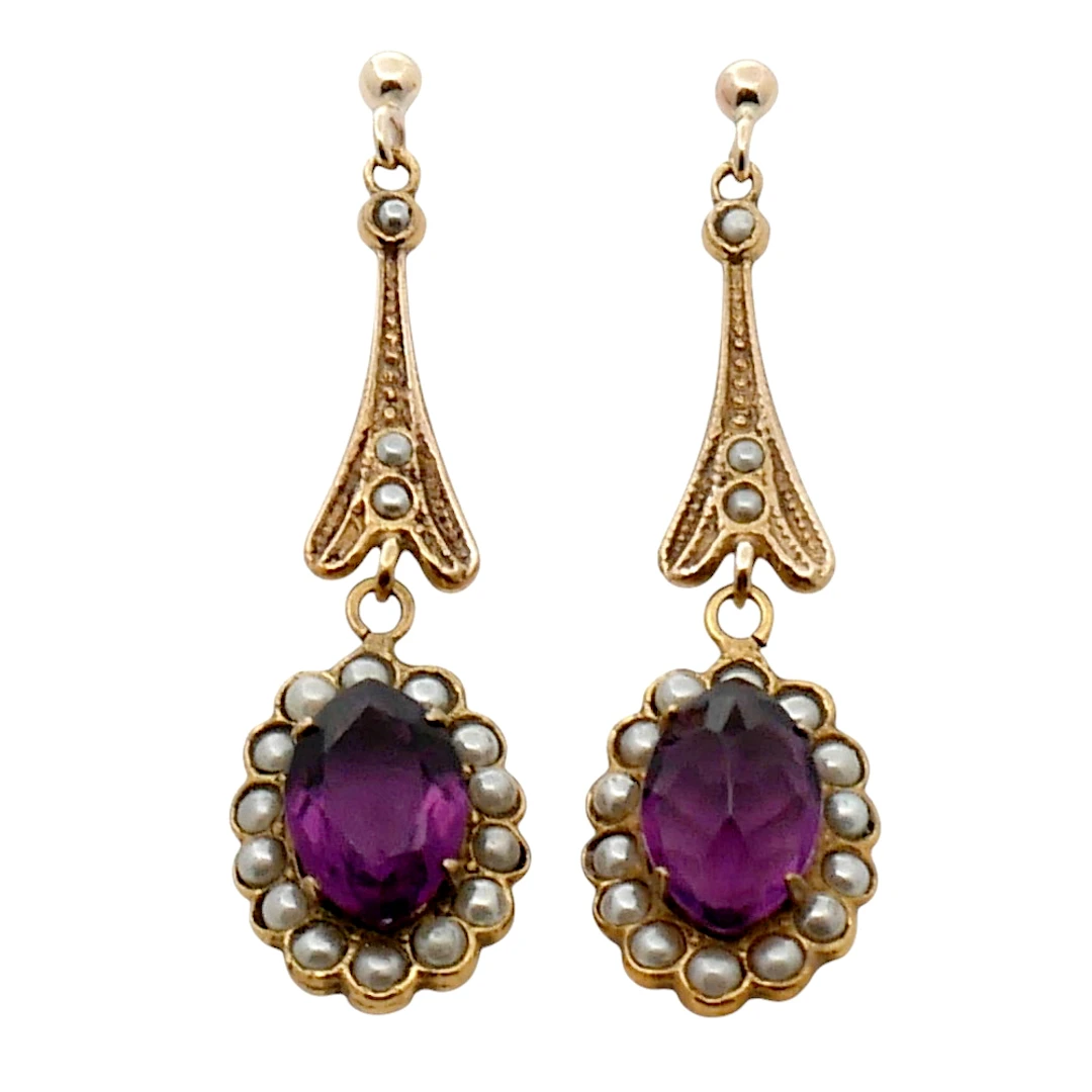 Antique Amethyst Pearl Drop Earrings