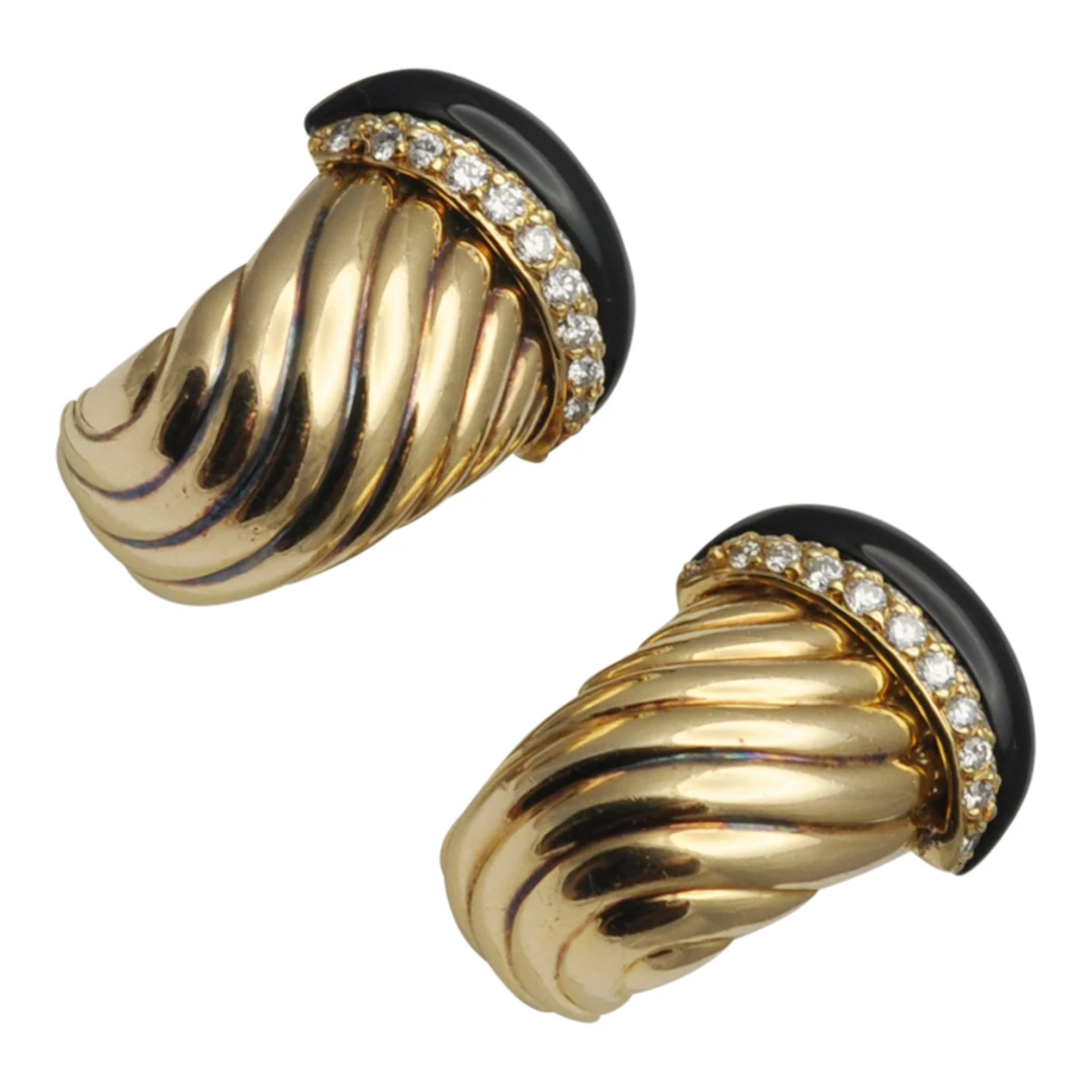 O J Perrin Onyx Diamond Gold Earrings