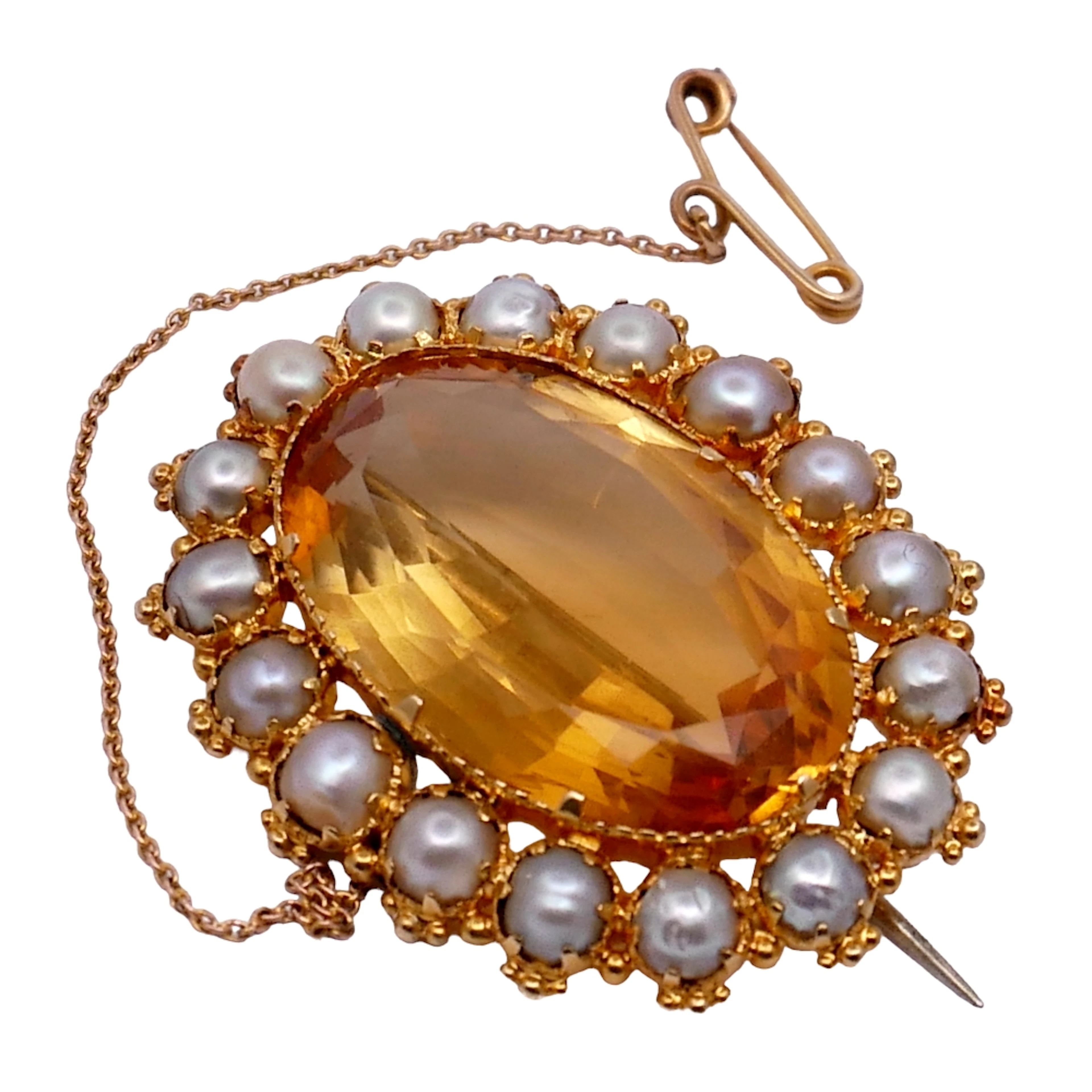 Georgian Citrine Pearl 18ct Gold Brooch