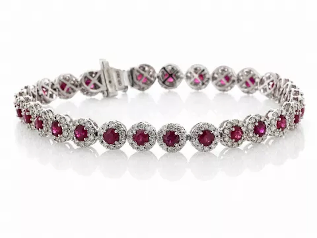 14ct White Gold Round Cluster Claw Set Diamond And Ruby Bracelet (R4.75)