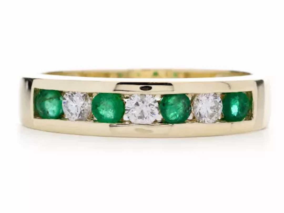 9ct Yellow Gold Channel Set Semi Eternity Diamond And Emerald Ring 0.25 Carats