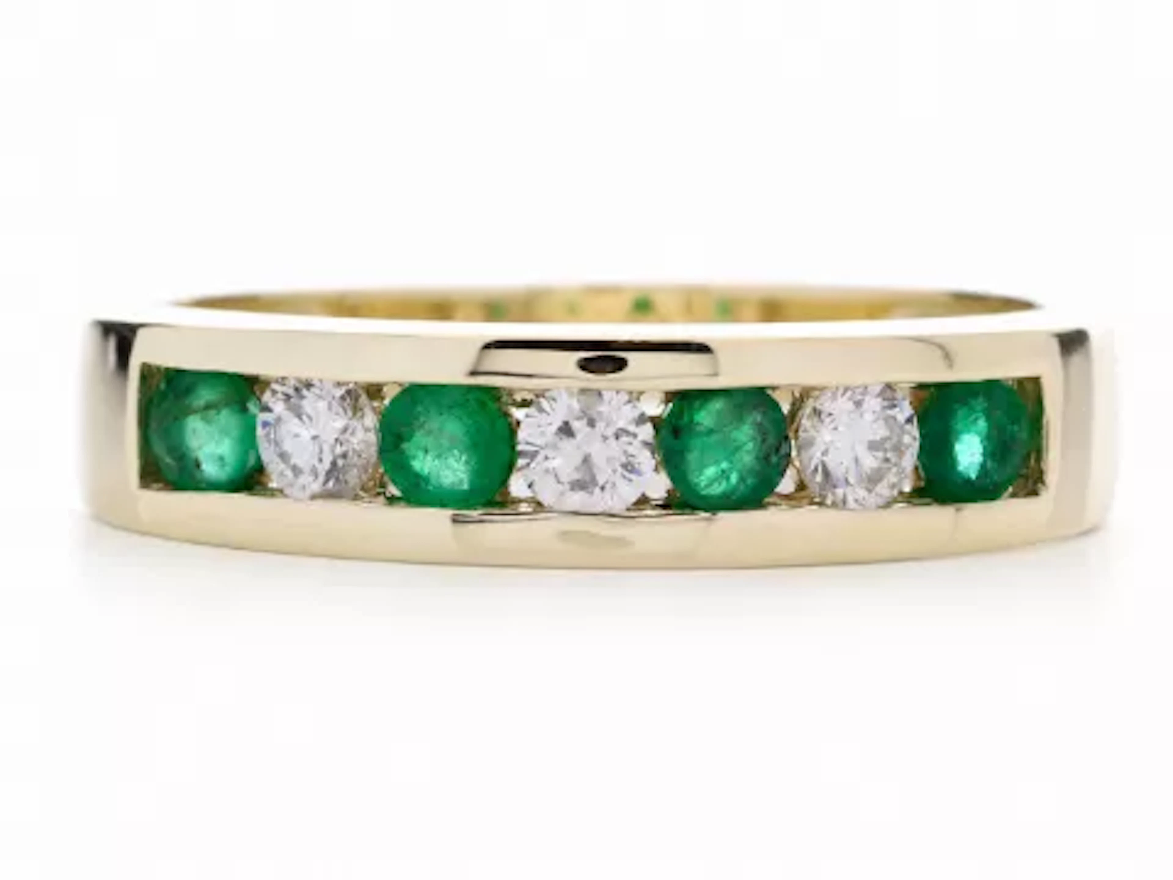 9ct Yellow Gold Channel Set Semi Eternity Diamond And Emerald Ring 0.25 Carats