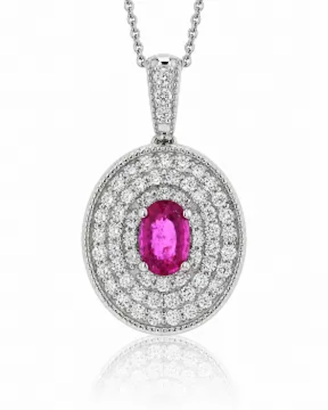 Platinum Oval Cluster Claw Set Diamond And Ruby Pendant And Chain