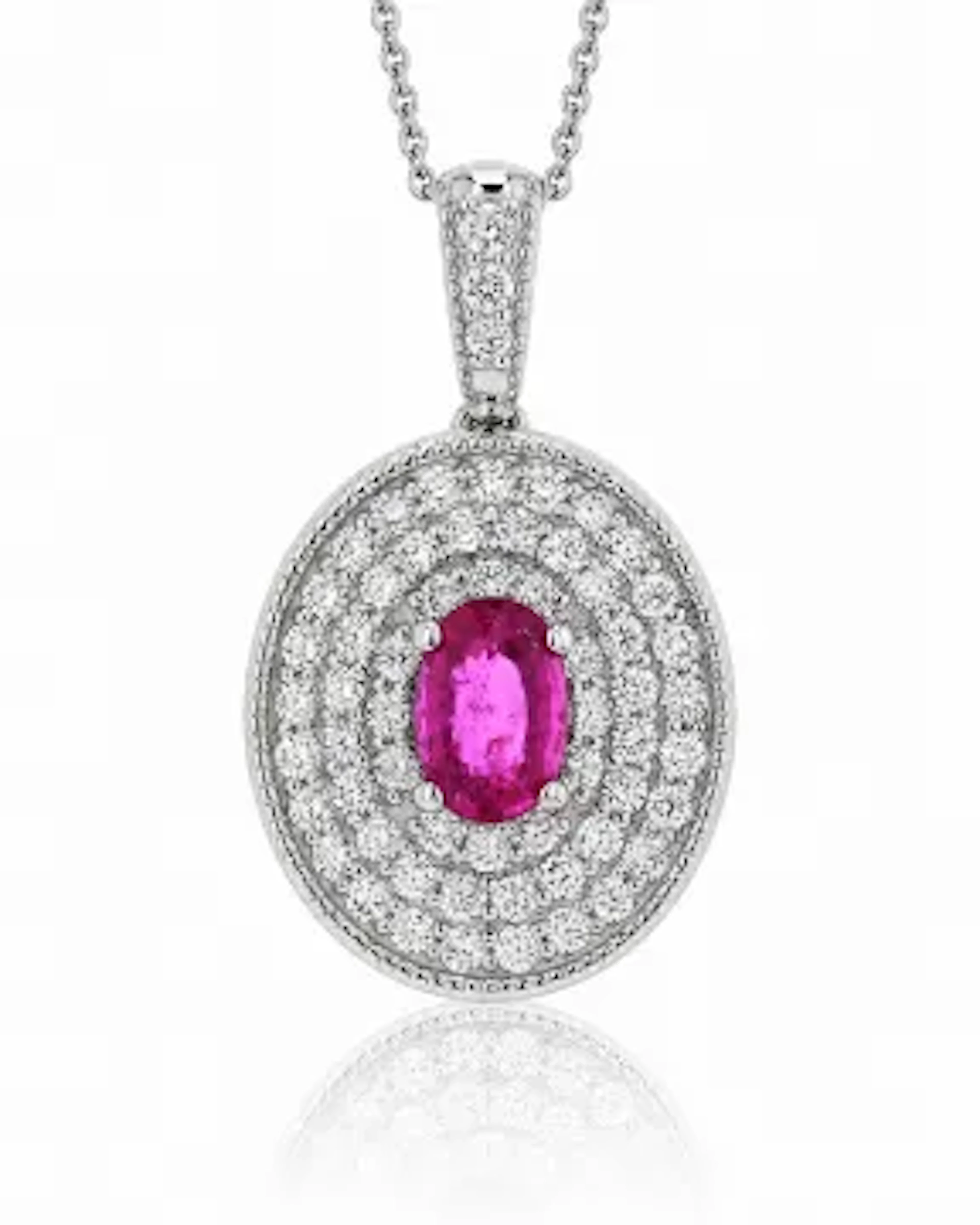Platinum Oval Cluster Claw Set Diamond And Ruby Pendant And Chain