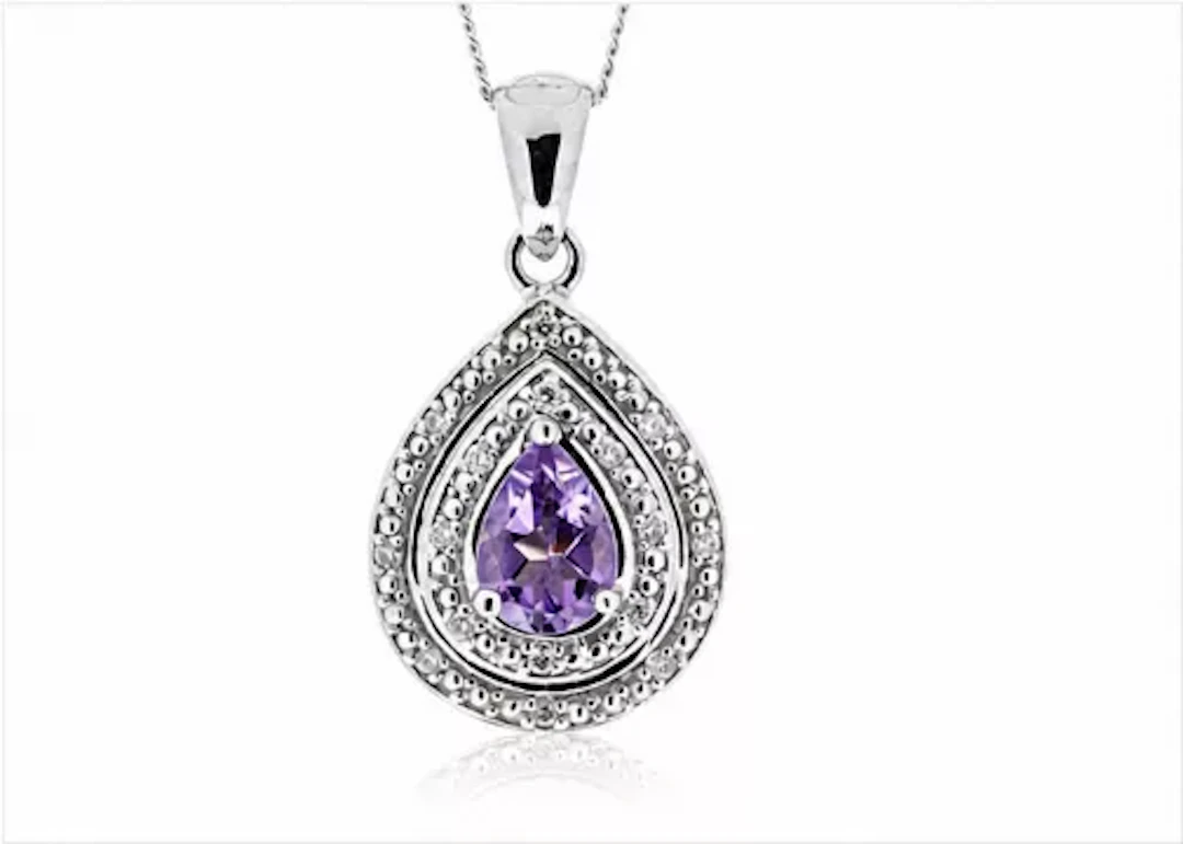9ct White Gold Amethyst Pear Shaped Cluster Diamond Pendant (A0.63) 0.08 Carats