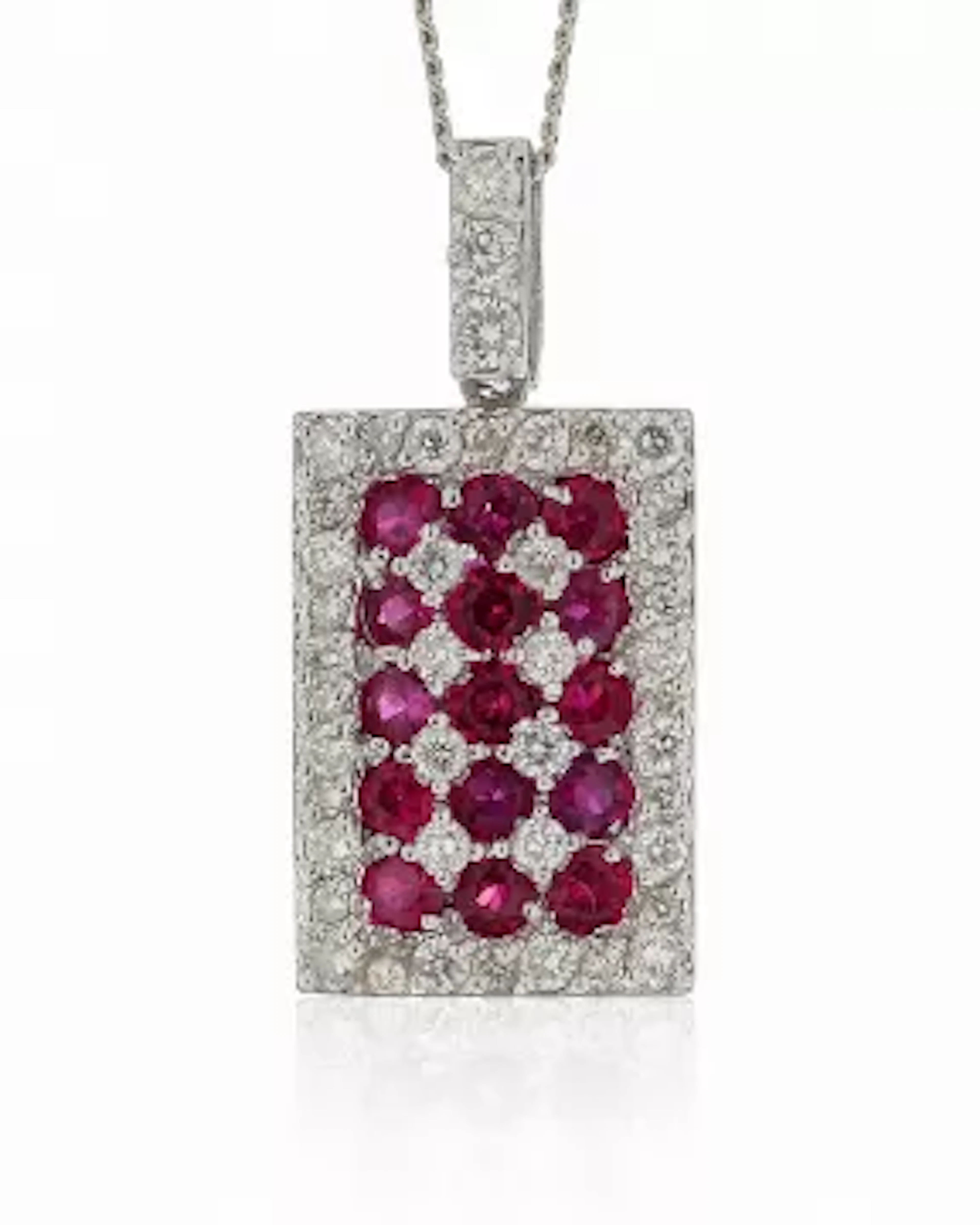 18ct White Gold Emerald Cluster Claw Set Diamond And Ruby Pendant