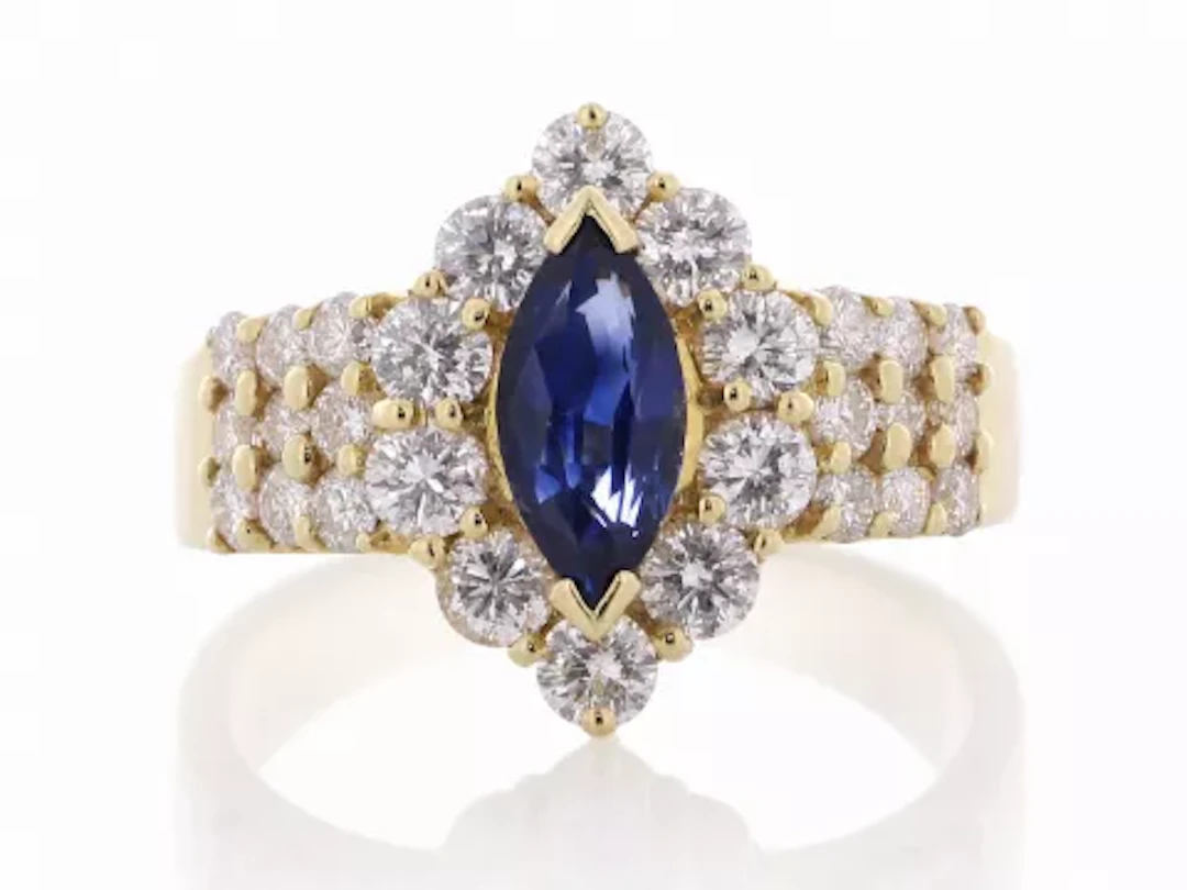 18ct Yellow Gold Marquise Cluster Claw Set Diamond And Sapphire Ring