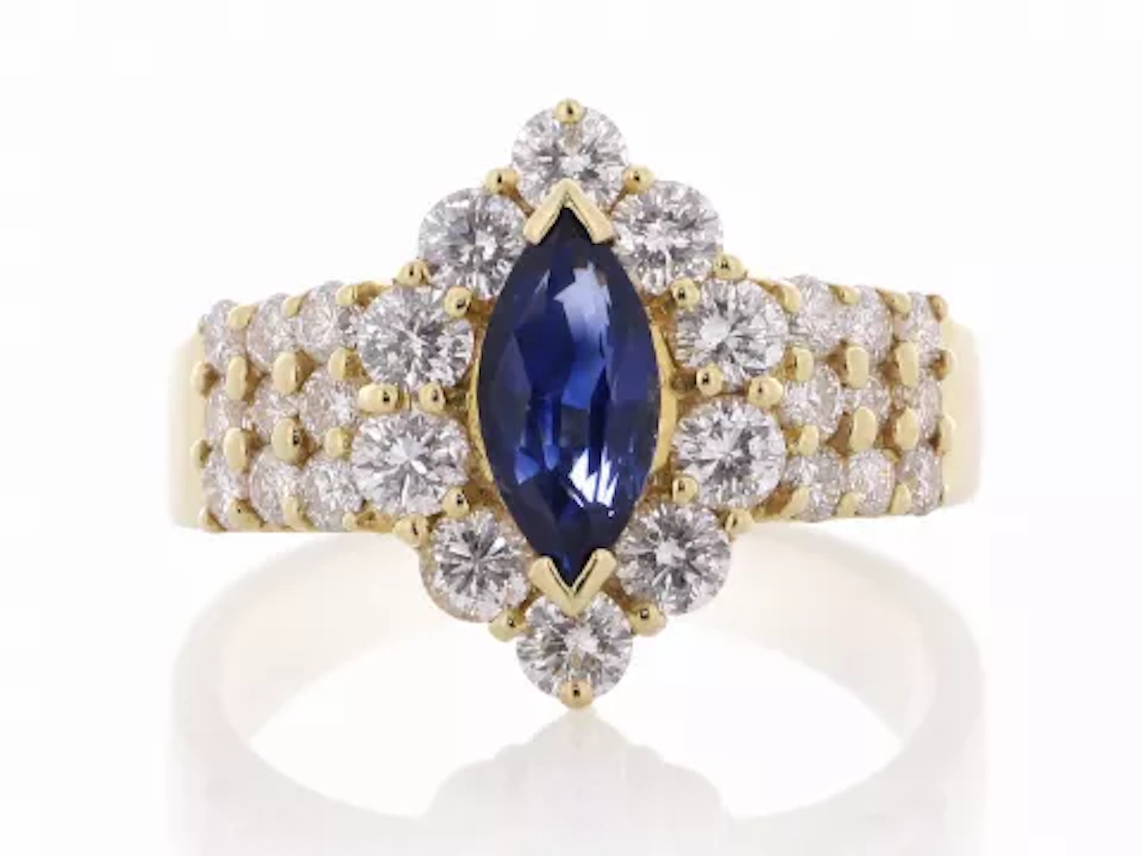 18ct Yellow Gold Marquise Cluster Claw Set Diamond And Sapphire Ring