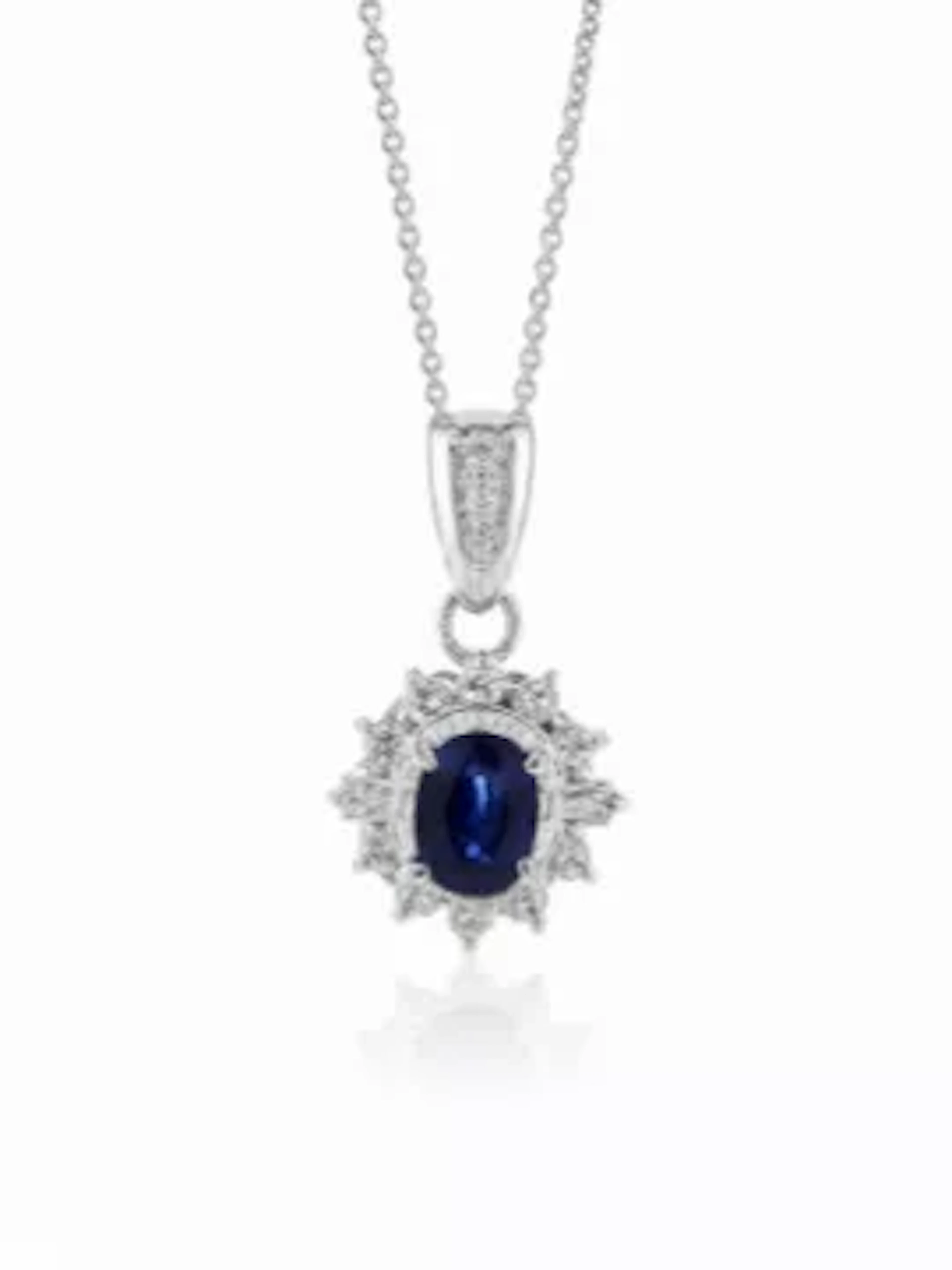 Platinum Oval Cluster Claw Set Diamond And Sapphire Pendant And Chain