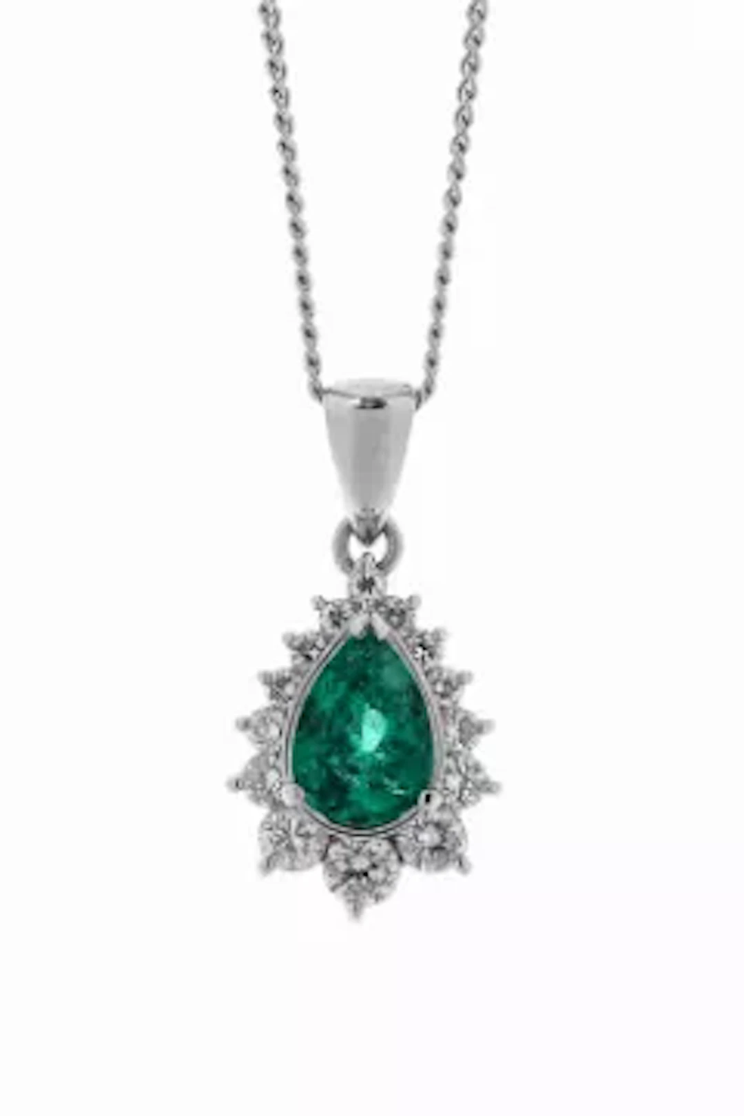 Platinum Pear Cluster Claw Set Diamond And Emerald Pendant And Chain